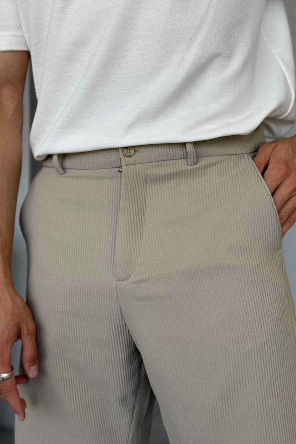 Ανάγλυφο Παντελόνι Baggy με Ρίγες – Μπεζ