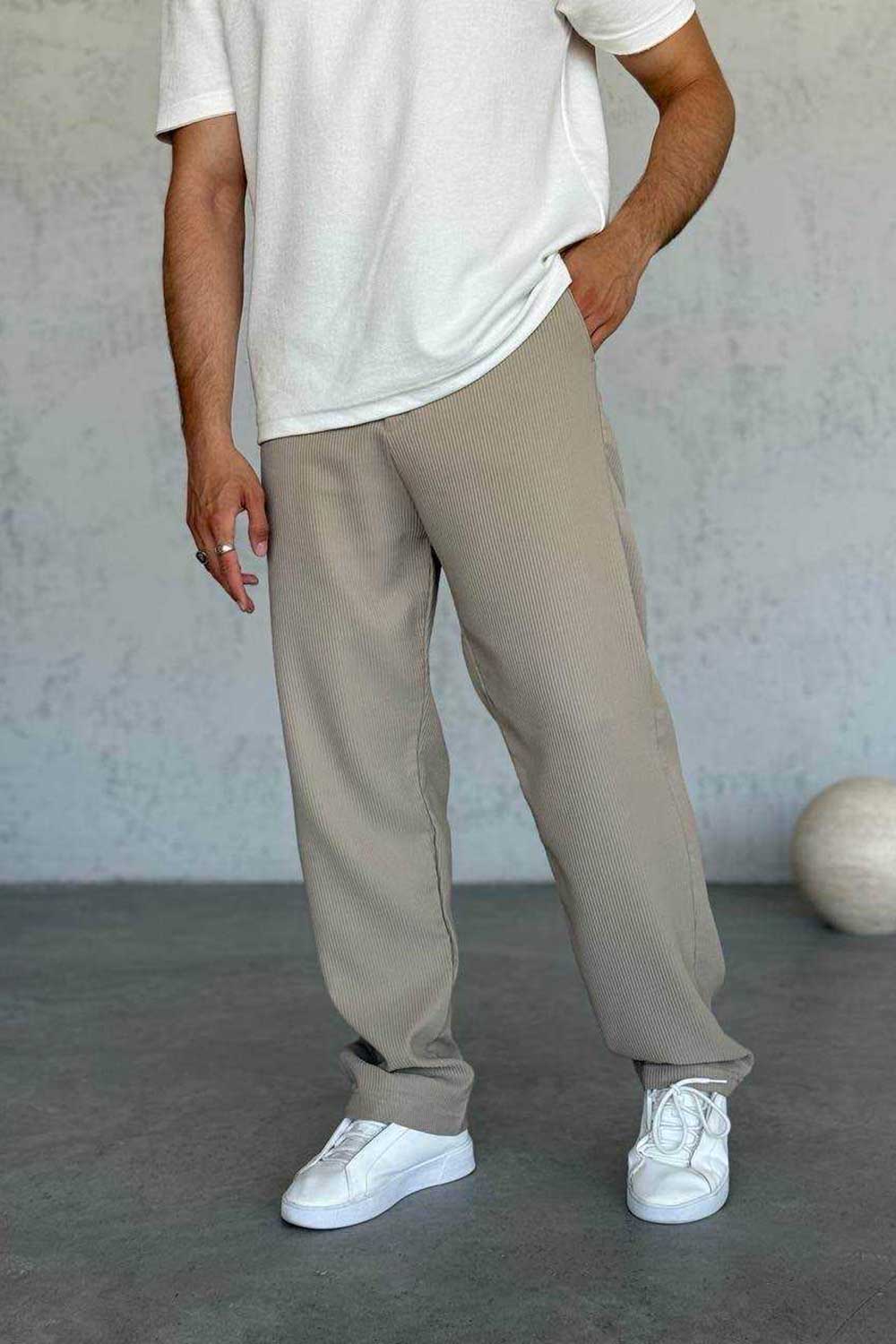 Ανάγλυφο Παντελόνι Baggy με Ρίγες – Μπεζ