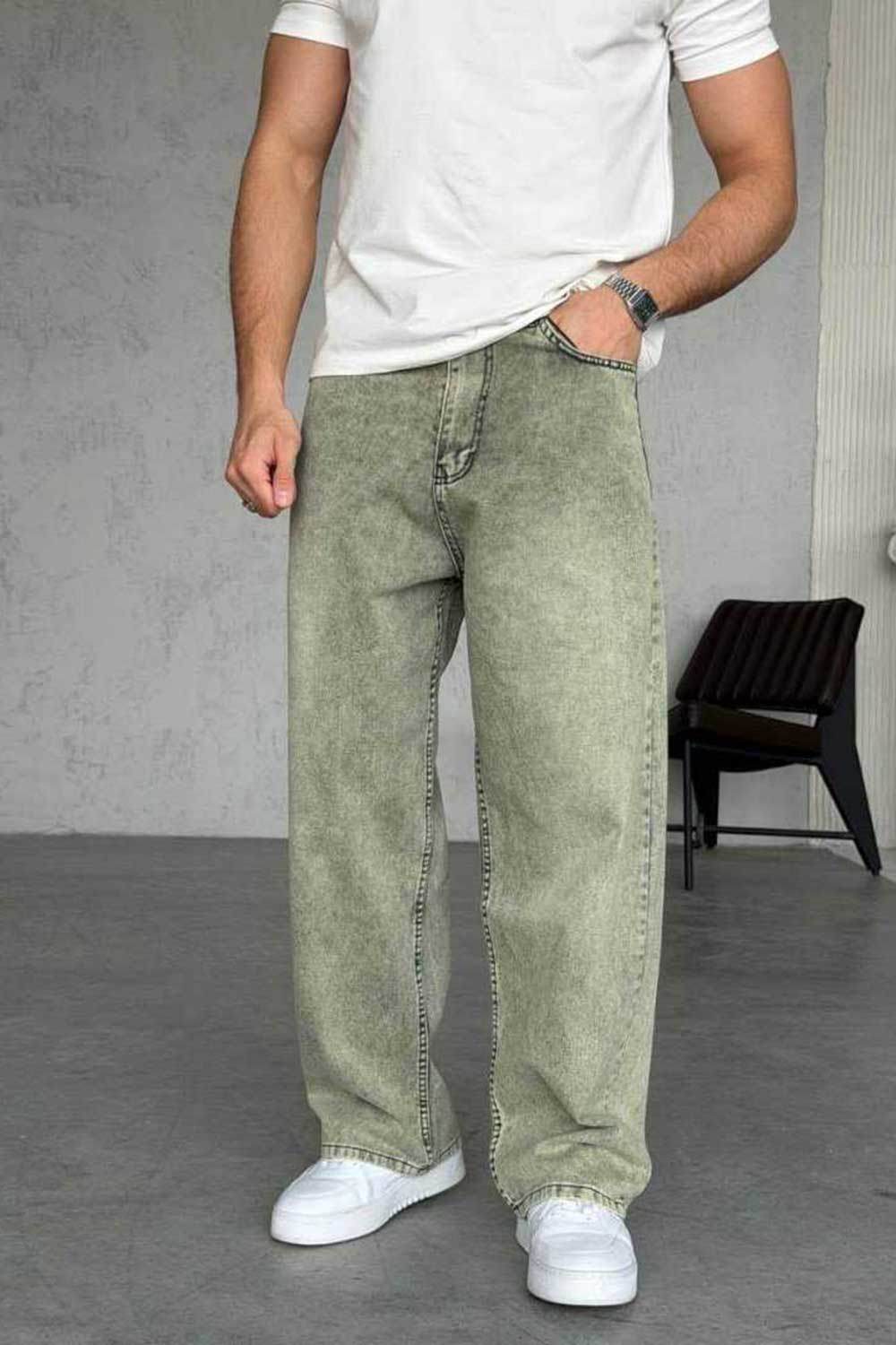 Τζιν Παντελόνι Relax Baggy Acid Wash – Λαδί