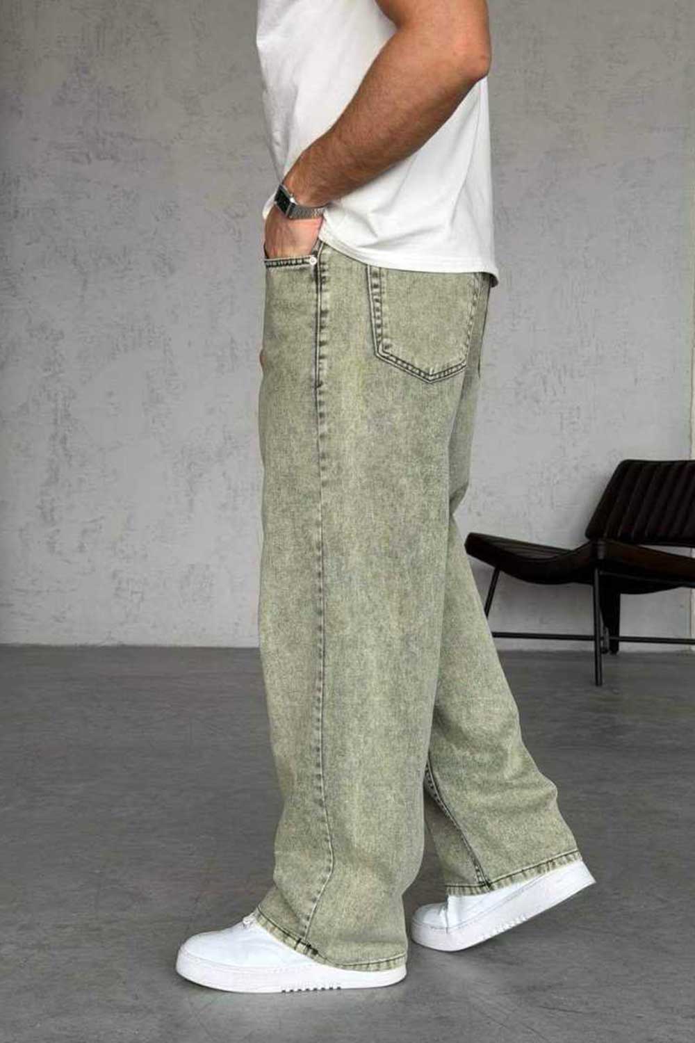 Τζιν Παντελόνι Relax Baggy Acid Wash – Λαδί