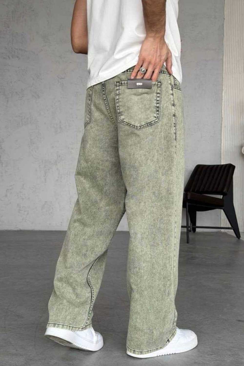 Τζιν Παντελόνι Relax Baggy Acid Wash – Λαδί