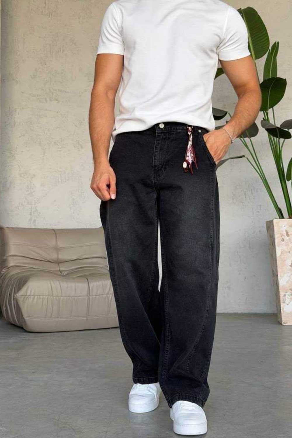 Τζιν Παντελόνι Baggy Washed με Διακοσμητικό Φουλάρι – Μαύρο