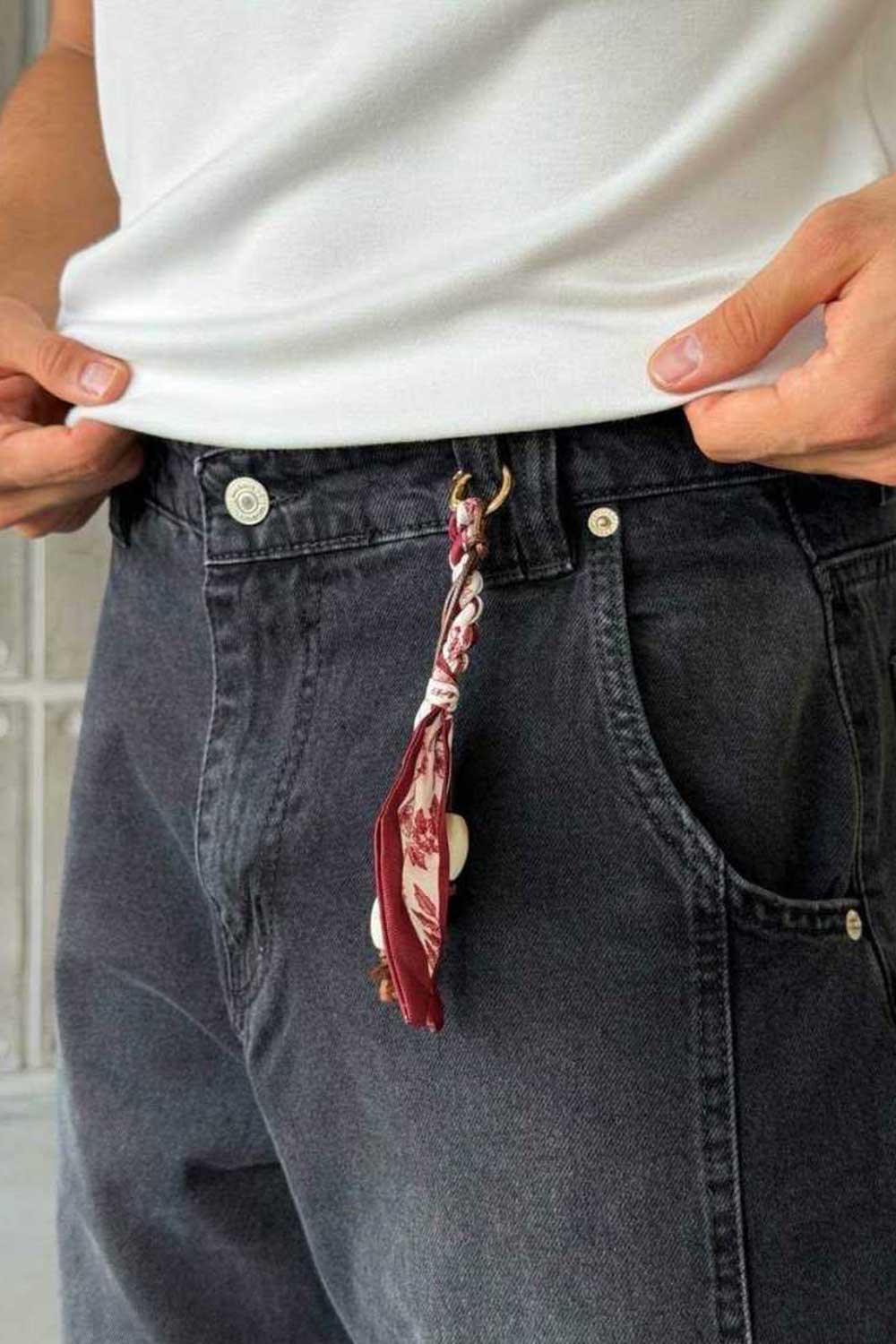 Τζιν Παντελόνι Baggy Washed με Διακοσμητικό Φουλάρι – Μαύρο