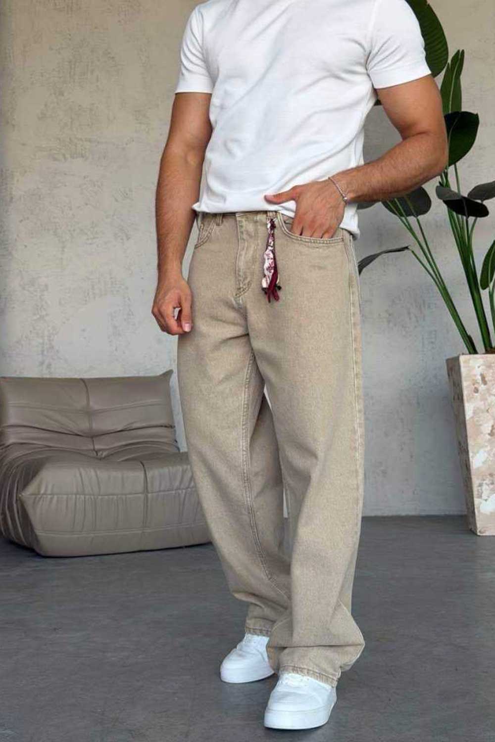 Τζιν Παντελόνι Baggy Washed με Διακοσμητικό Φουλάρι – Μπεζ Άμμου