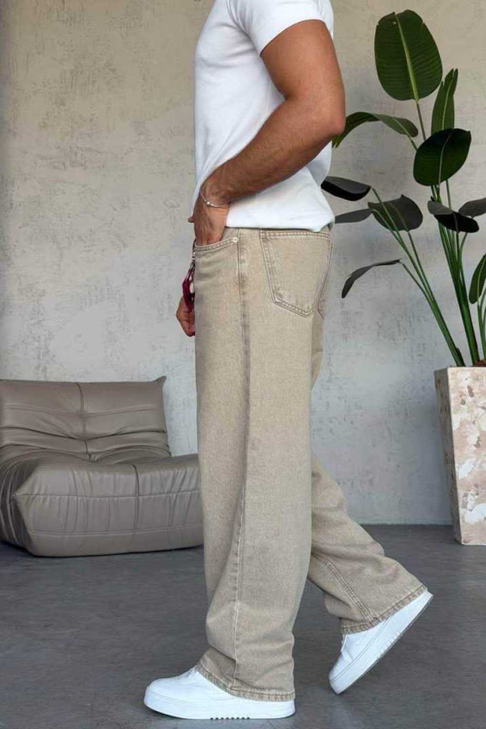 Τζιν Παντελόνι Baggy Washed με Διακοσμητικό Φουλάρι – Μπεζ Άμμου