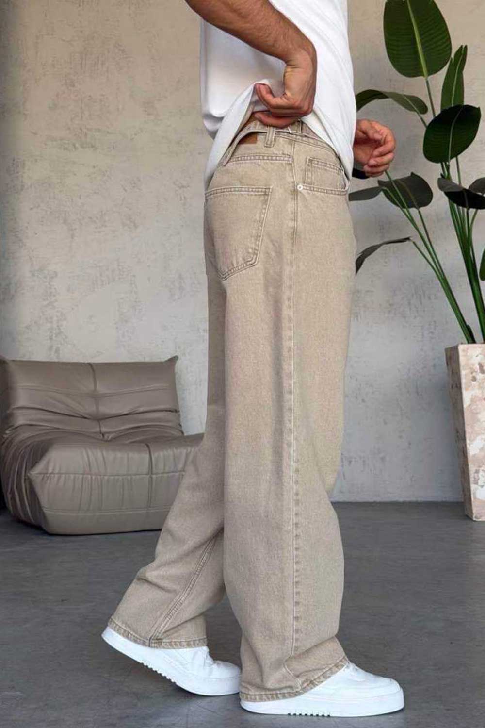 Τζιν Παντελόνι Baggy Washed με Διακοσμητικό Φουλάρι – Μπεζ Άμμου