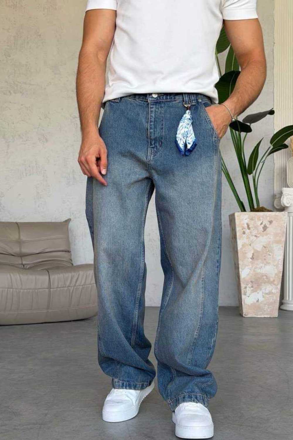 Τζιν Παντελόνι Baggy Washed με Διακοσμητικό Φουλάρι – Μπλε