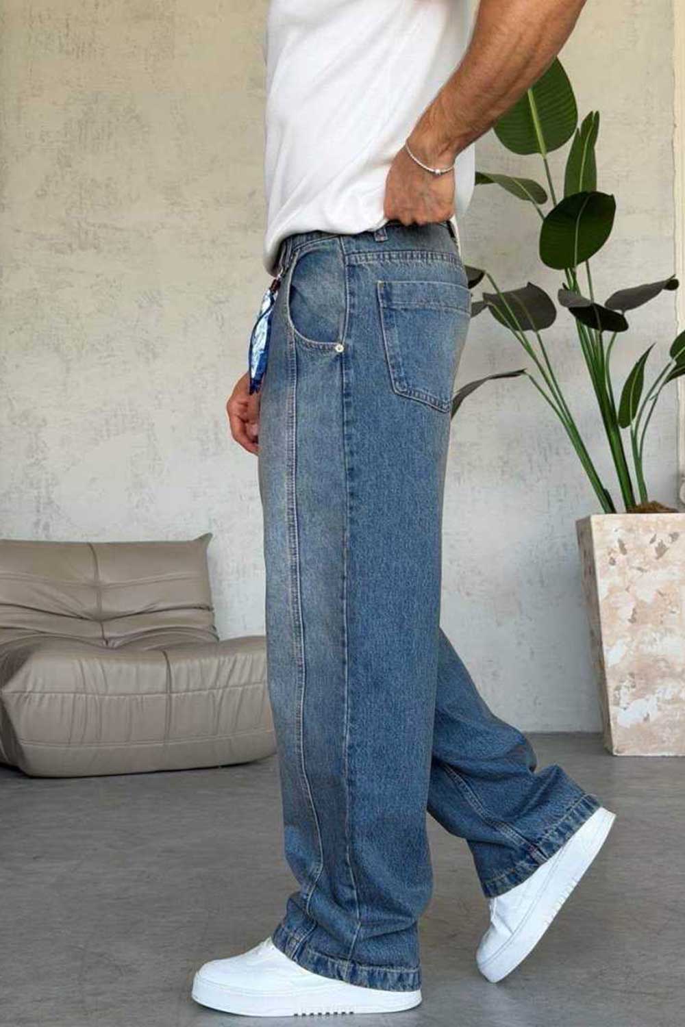 Τζιν Παντελόνι Baggy Washed με Διακοσμητικό Φουλάρι – Μπλε
