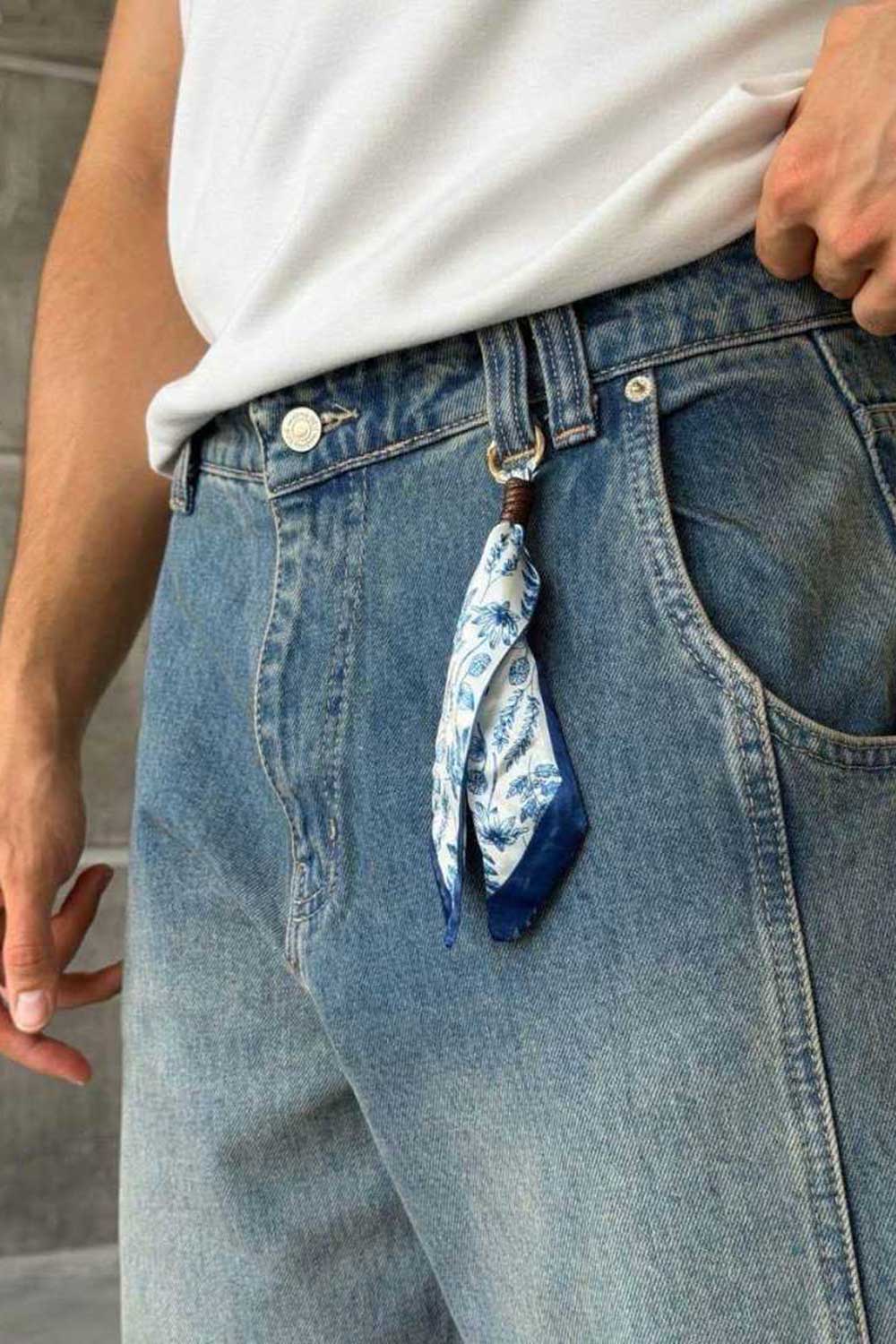 Τζιν Παντελόνι Baggy Washed με Διακοσμητικό Φουλάρι – Μπλε