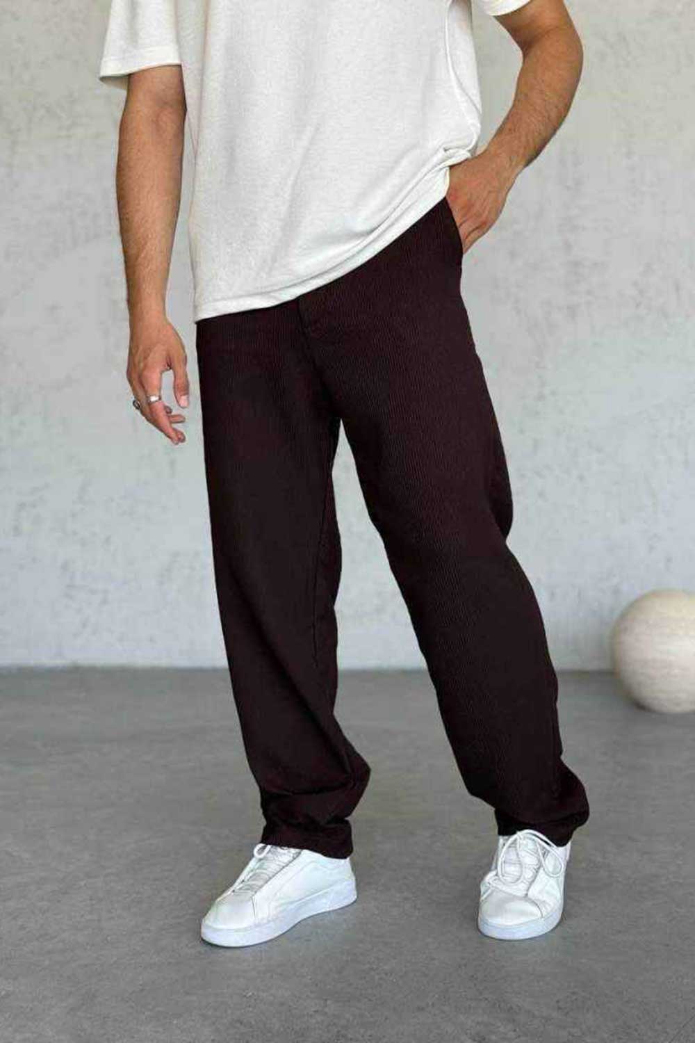 Ανάγλυφο Παντελόνι Baggy με Ρίγες – Καφέ