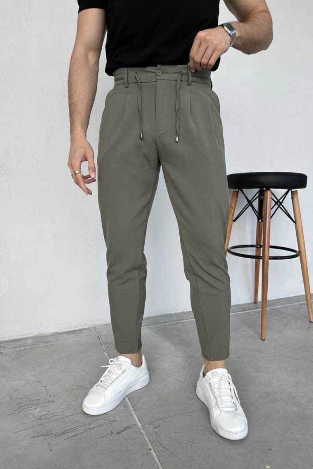 Υφασμάτινο Παντελόνι Slim Fit με Πιέτες και Κορδόνι – Λαδί