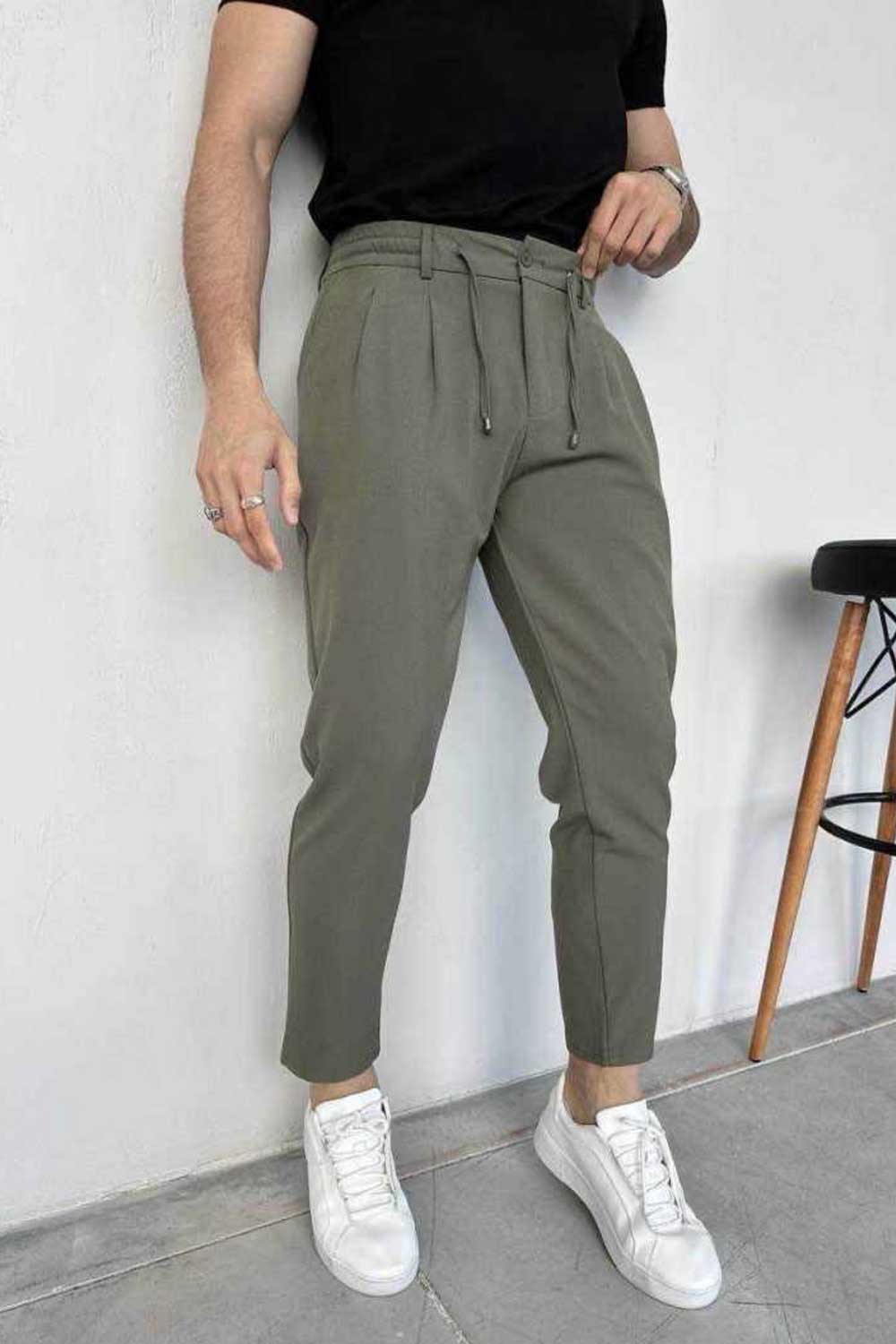 Υφασμάτινο Παντελόνι Slim Fit με Πιέτες και Κορδόνι – Λαδί