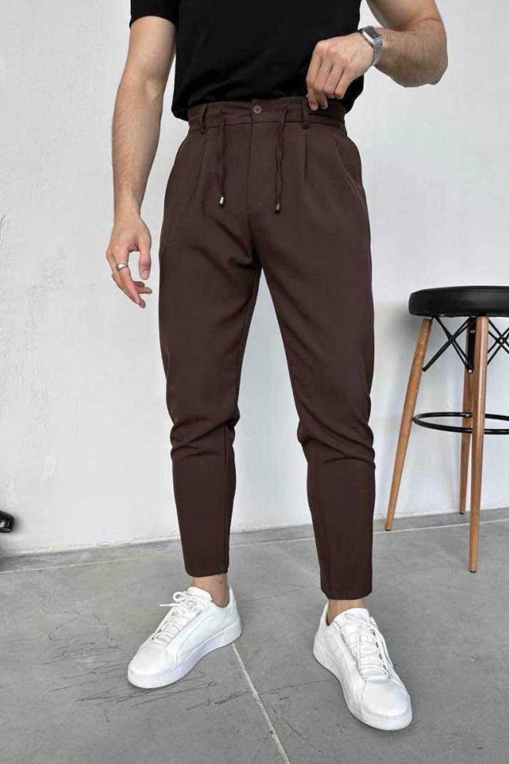 Υφασμάτινο Παντελόνι Slim Fit με Πιέτες και Κορδόνι –  Καφέ