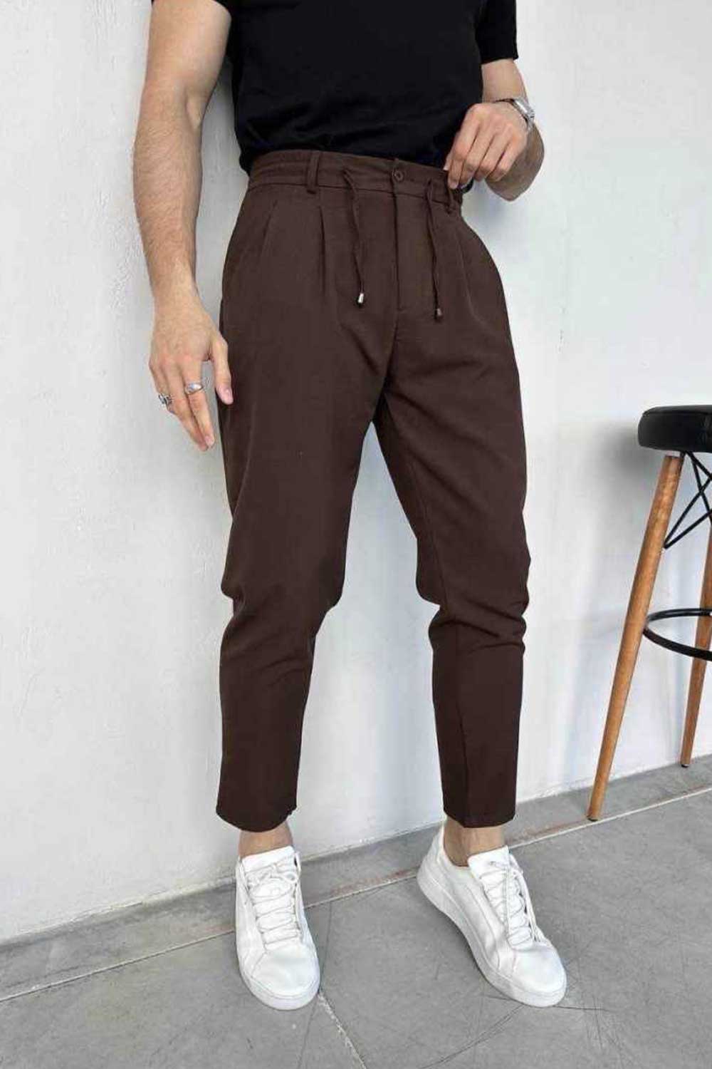 Υφασμάτινο Παντελόνι Slim Fit με Πιέτες και Κορδόνι –  Καφέ