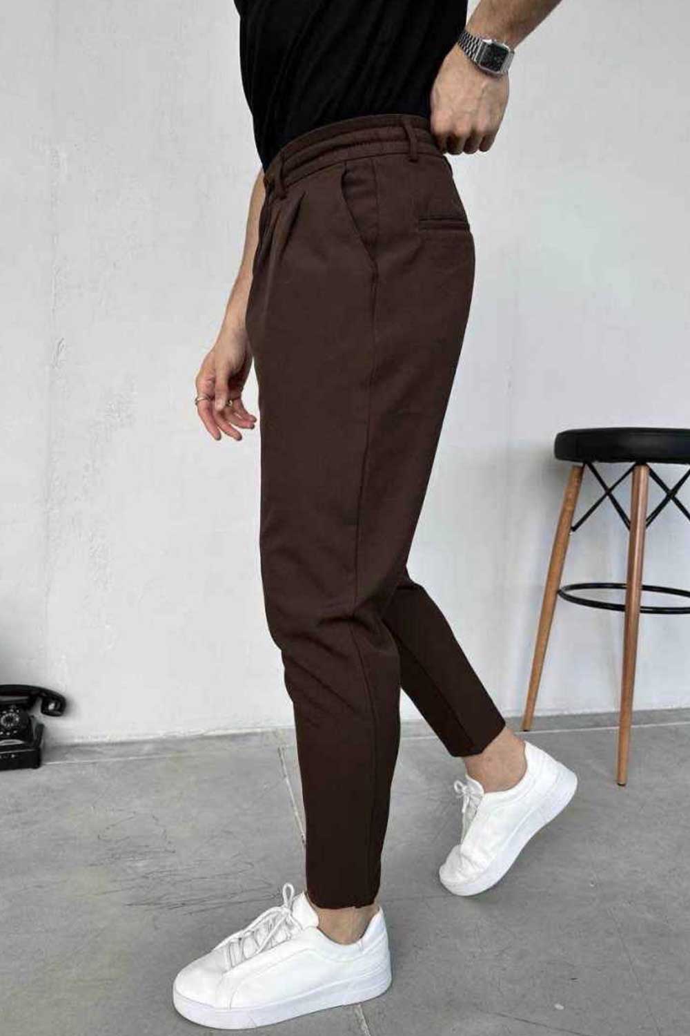 Υφασμάτινο Παντελόνι Slim Fit με Πιέτες και Κορδόνι –  Καφέ