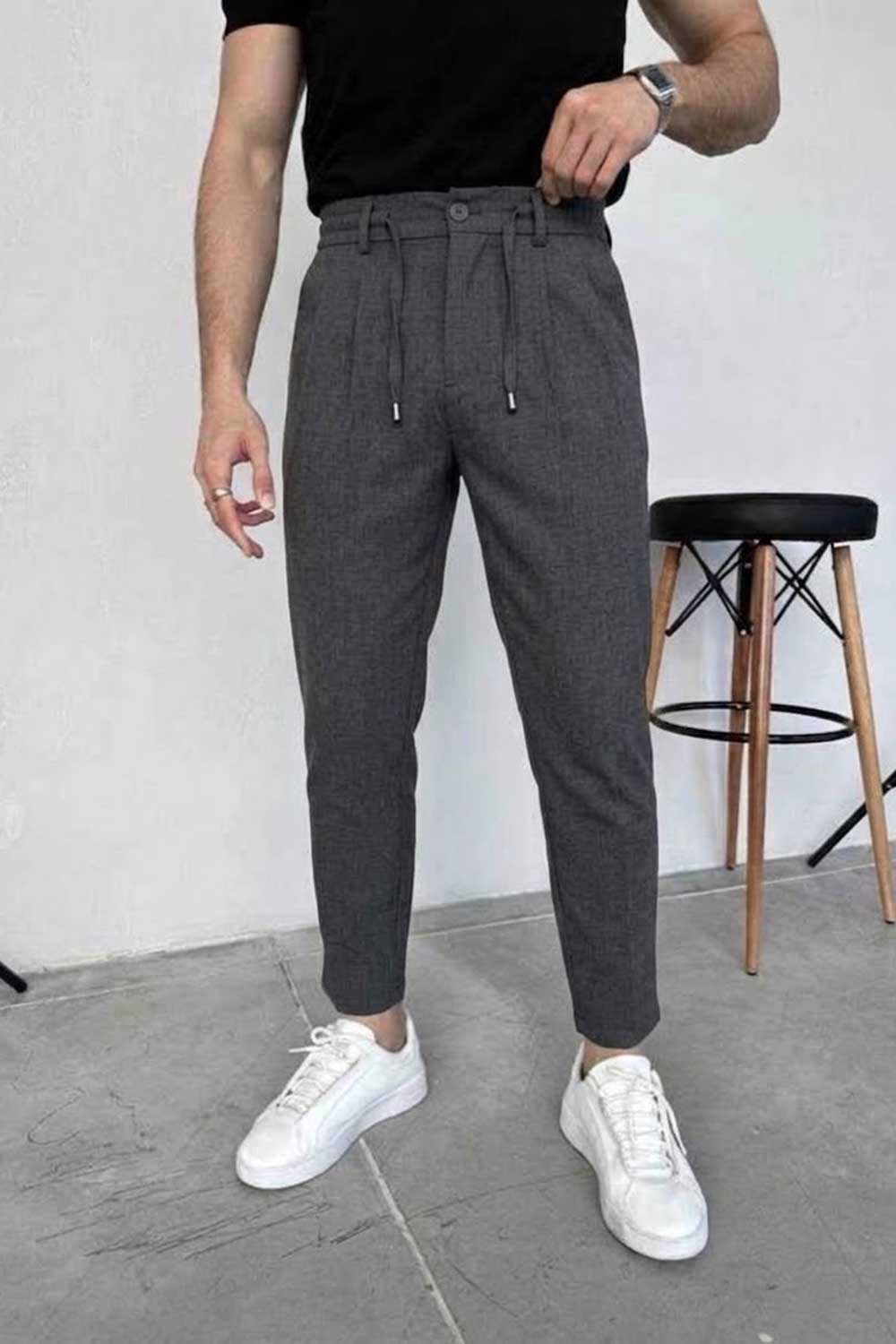 Υφασμάτινο Παντελόνι Slim Fit με Πιέτες και Κορδόνι –  Ανθρακί