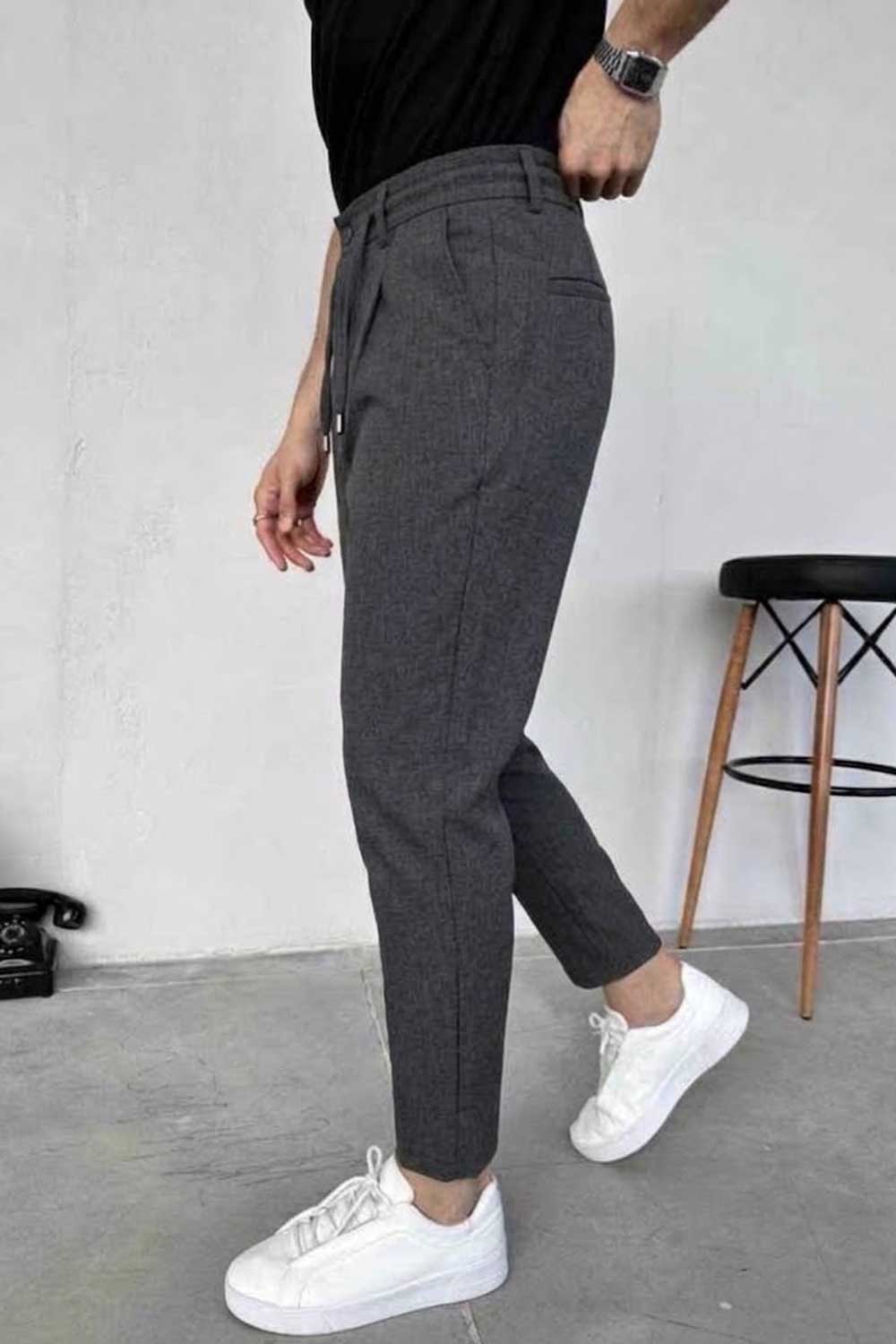 Υφασμάτινο Παντελόνι Slim Fit με Πιέτες και Κορδόνι –  Ανθρακί