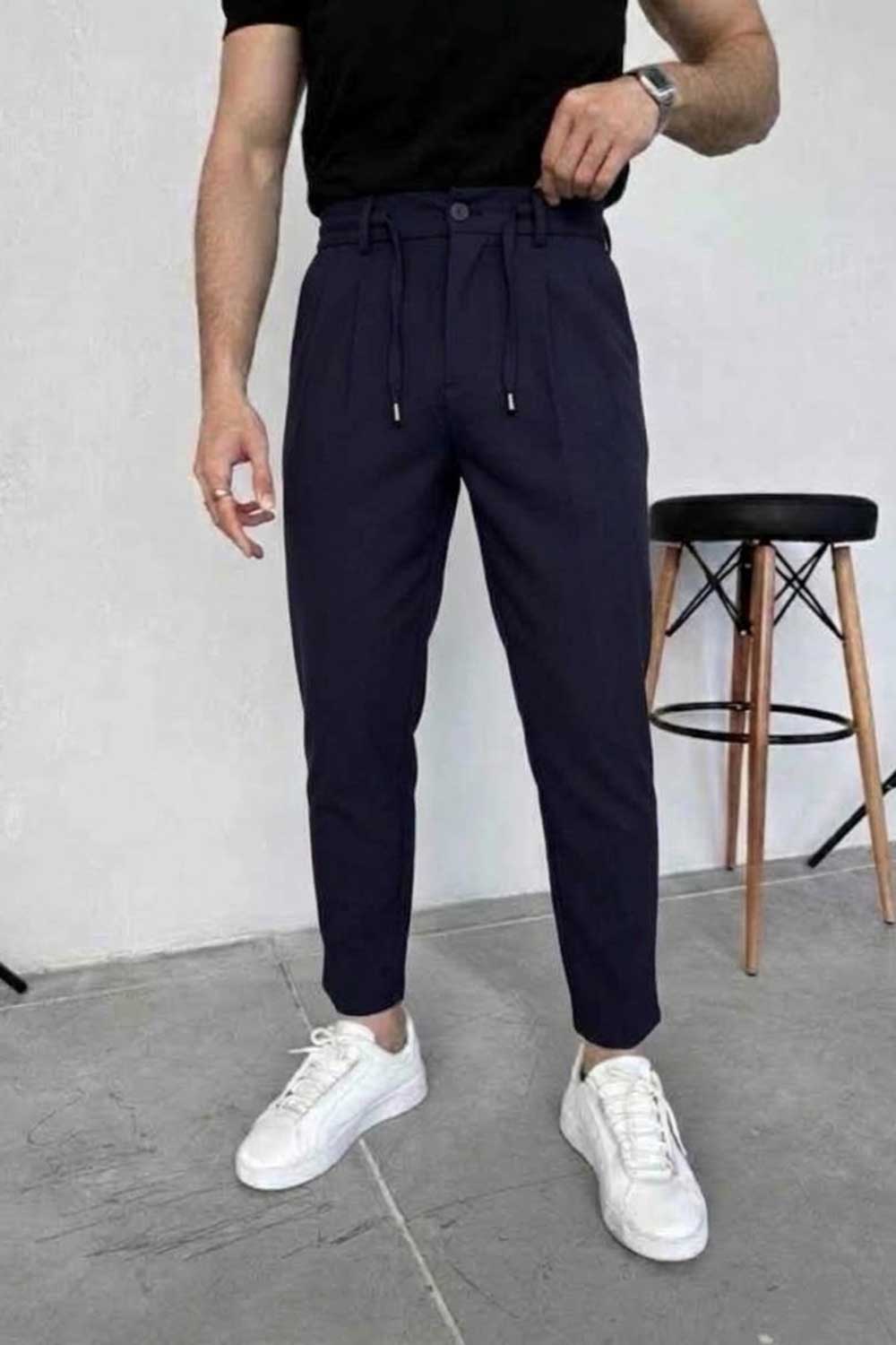 Υφασμάτινο Παντελόνι Slim Fit με Πιέτες και Κορδόνι –  Σκούρο Μπλε