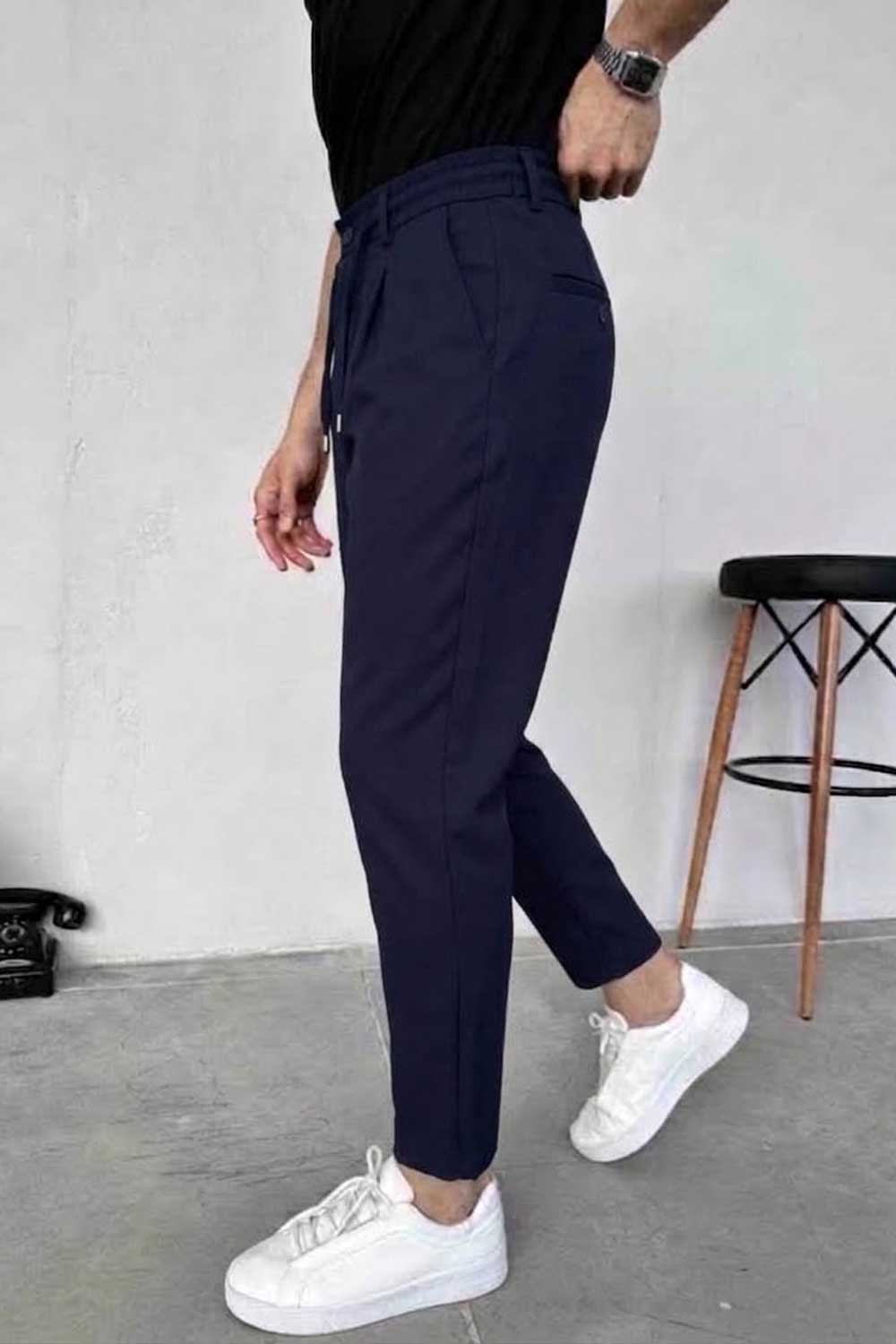 Υφασμάτινο Παντελόνι Slim Fit με Πιέτες και Κορδόνι –  Σκούρο Μπλε