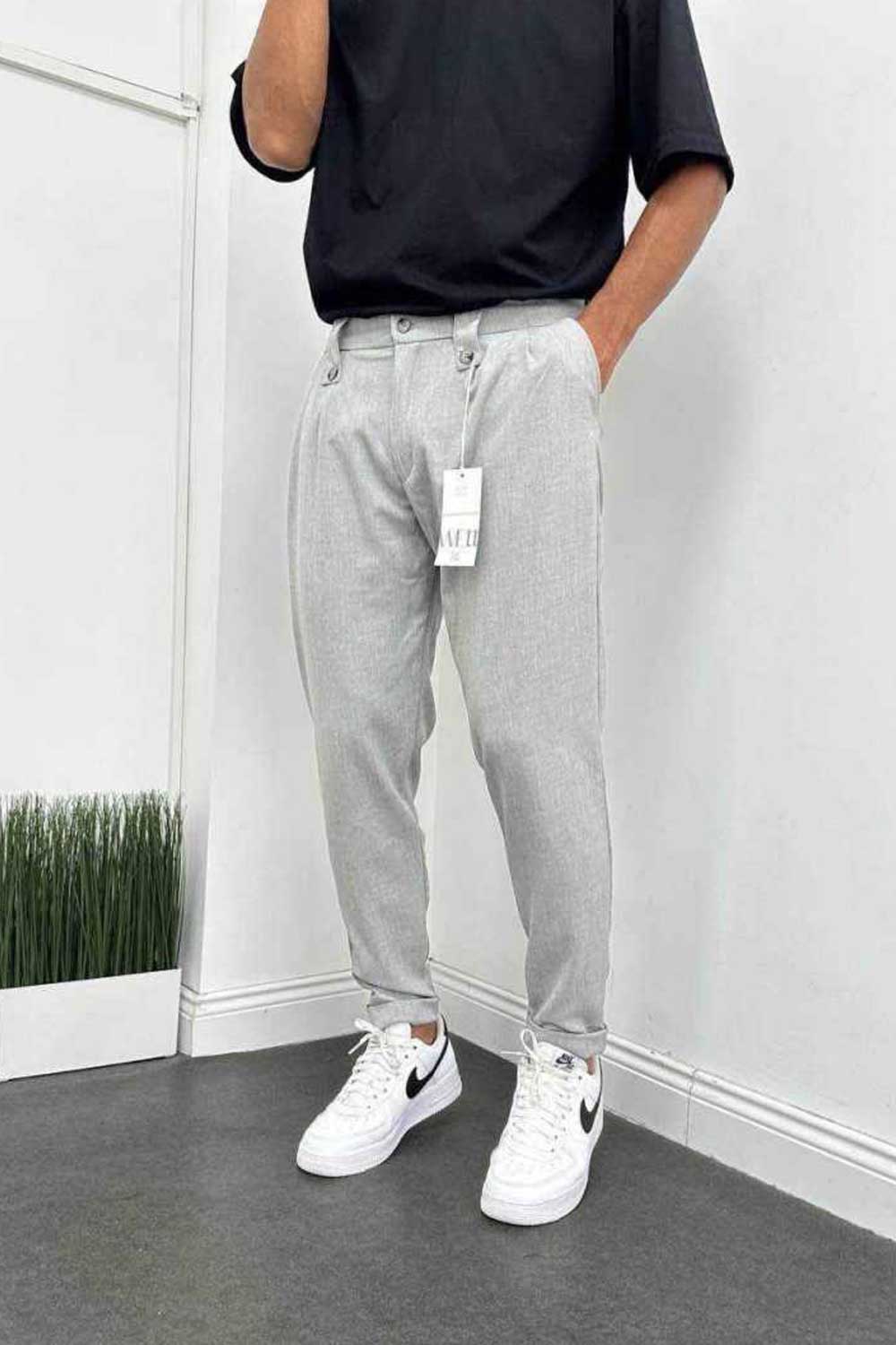 Υφασμάτινο Παντελόνι Slim Fit με Πιέτες – Γκρι