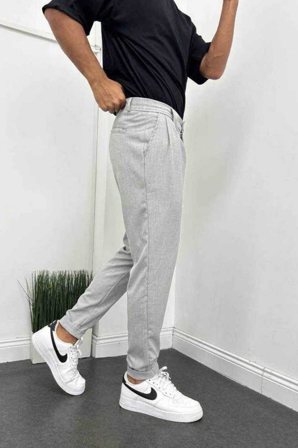 Υφασμάτινο Παντελόνι Slim Fit με Πιέτες – Γκρι