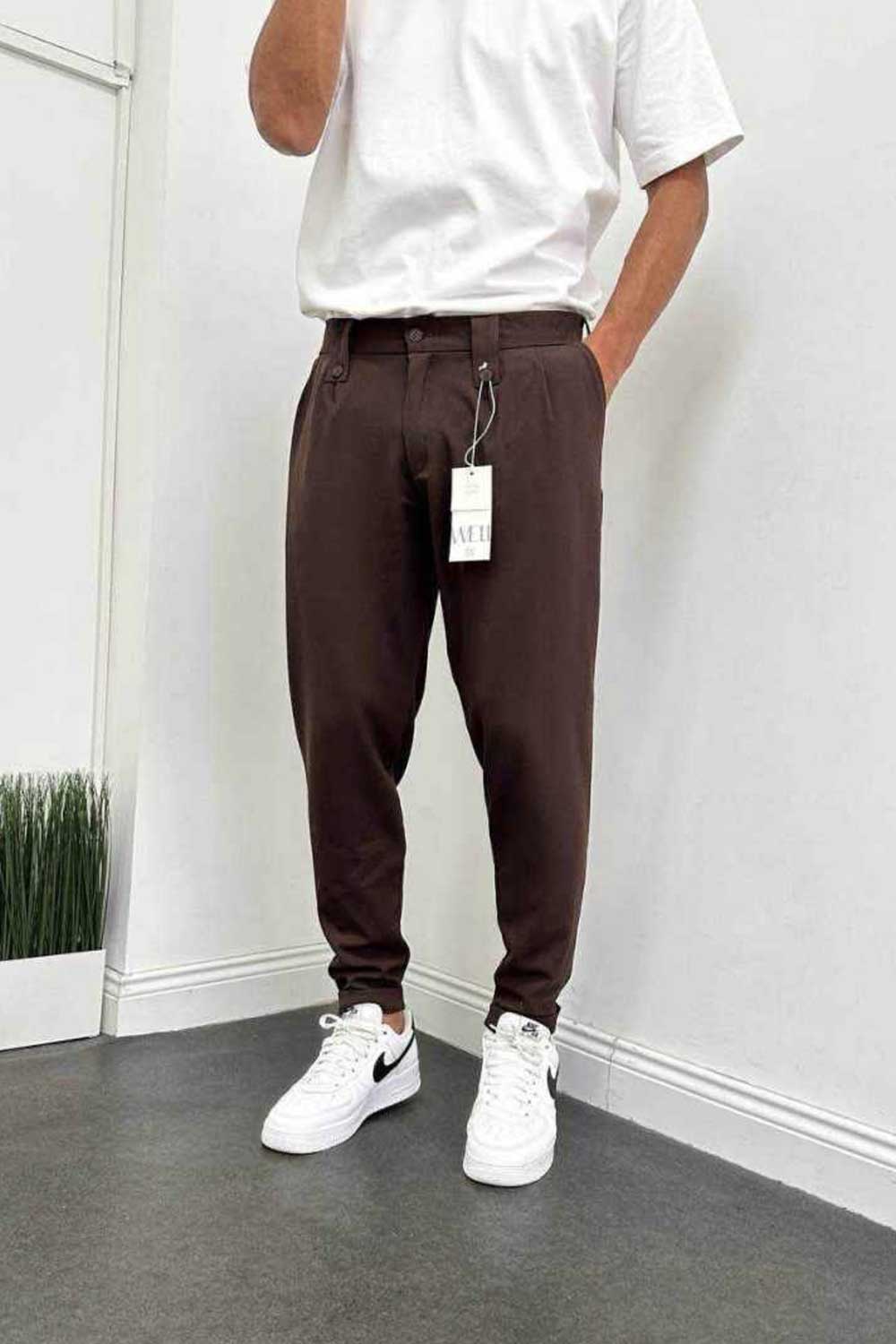 Υφασμάτινο Παντελόνι Slim Fit με Πιέτες –  Καφέ