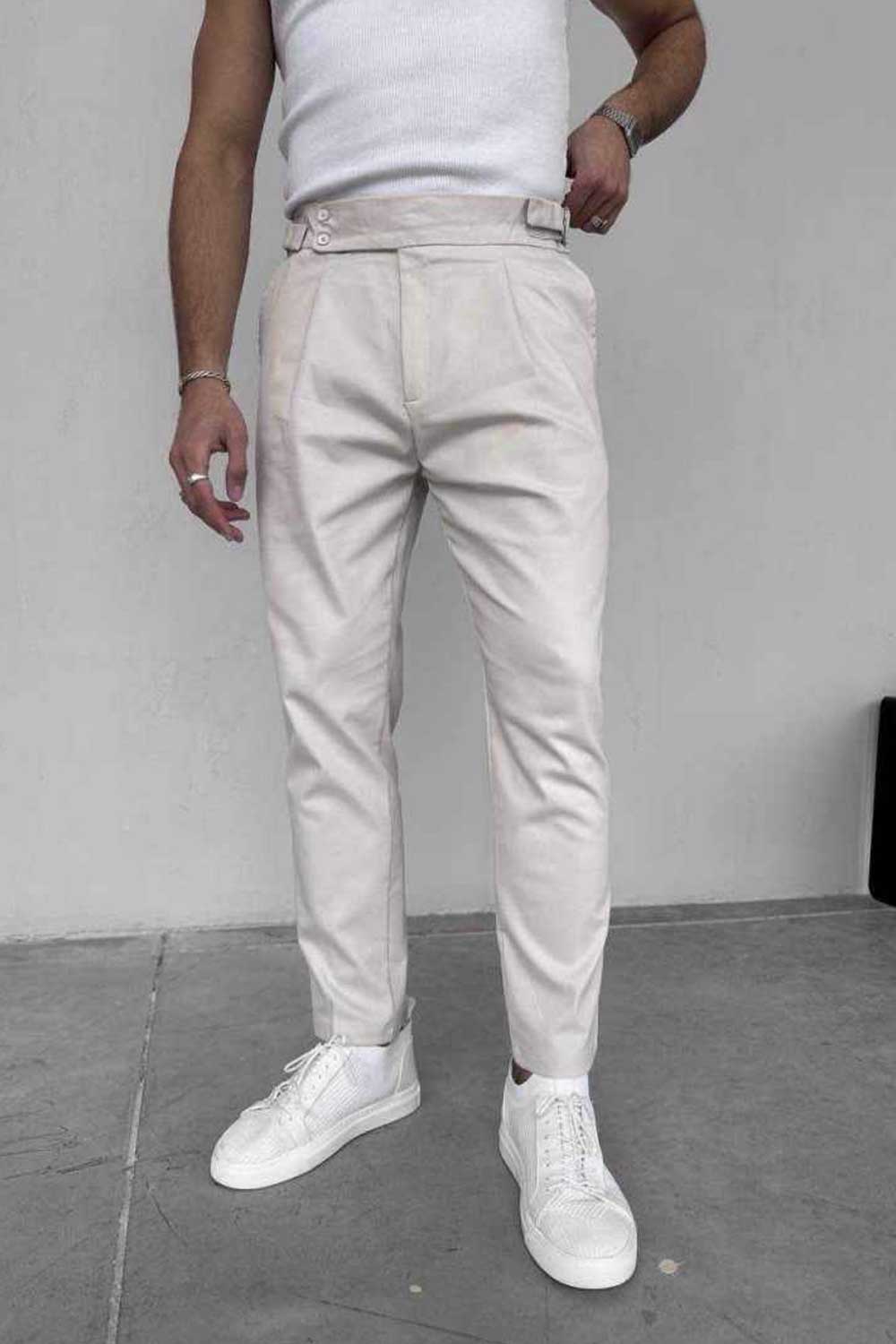 Παντελόνι Slim Fit με Πιέτες – Μπεζ του Πάγου