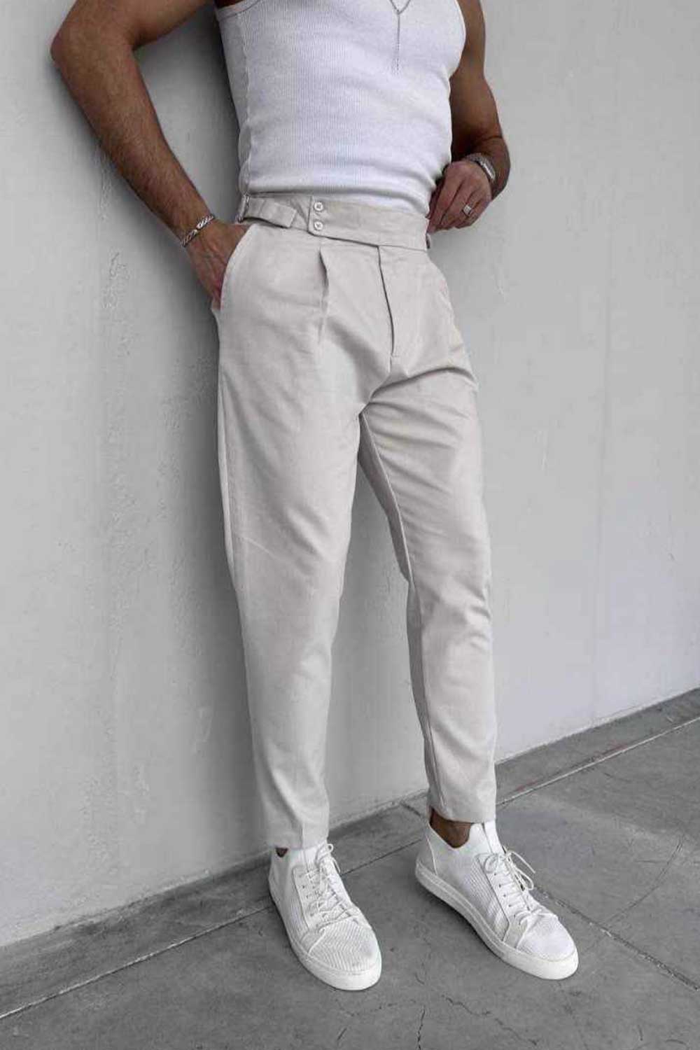 Παντελόνι Slim Fit με Πιέτες – Μπεζ του Πάγου