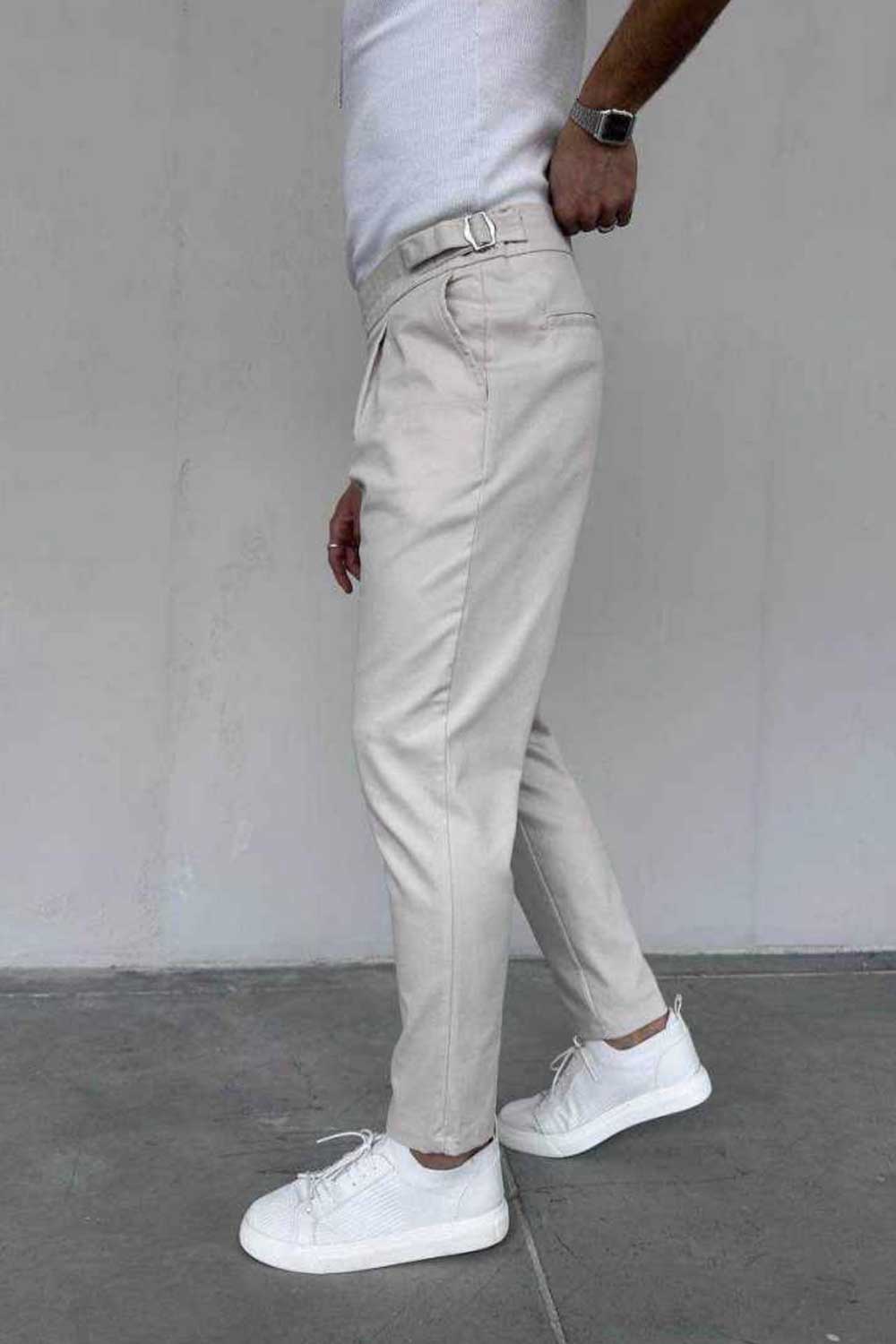 Παντελόνι Slim Fit με Πιέτες – Μπεζ του Πάγου