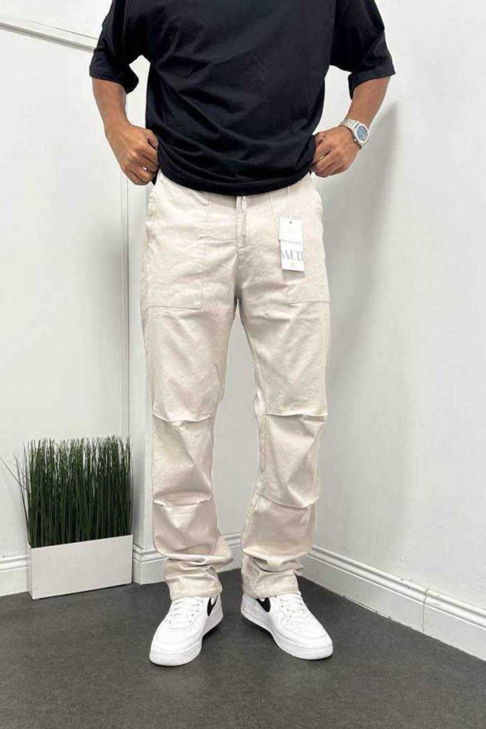 Βαμβακερό Παντελόνι Workwear με Ραφές Γονάτων και Λουράκια – Μπεζ
