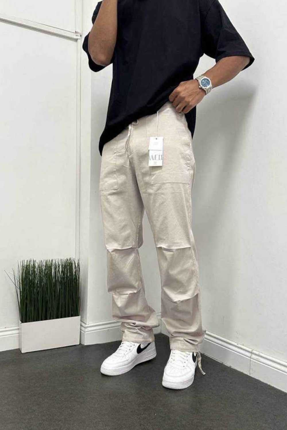 Βαμβακερό Παντελόνι Workwear με Ραφές Γονάτων και Λουράκια – Μπεζ