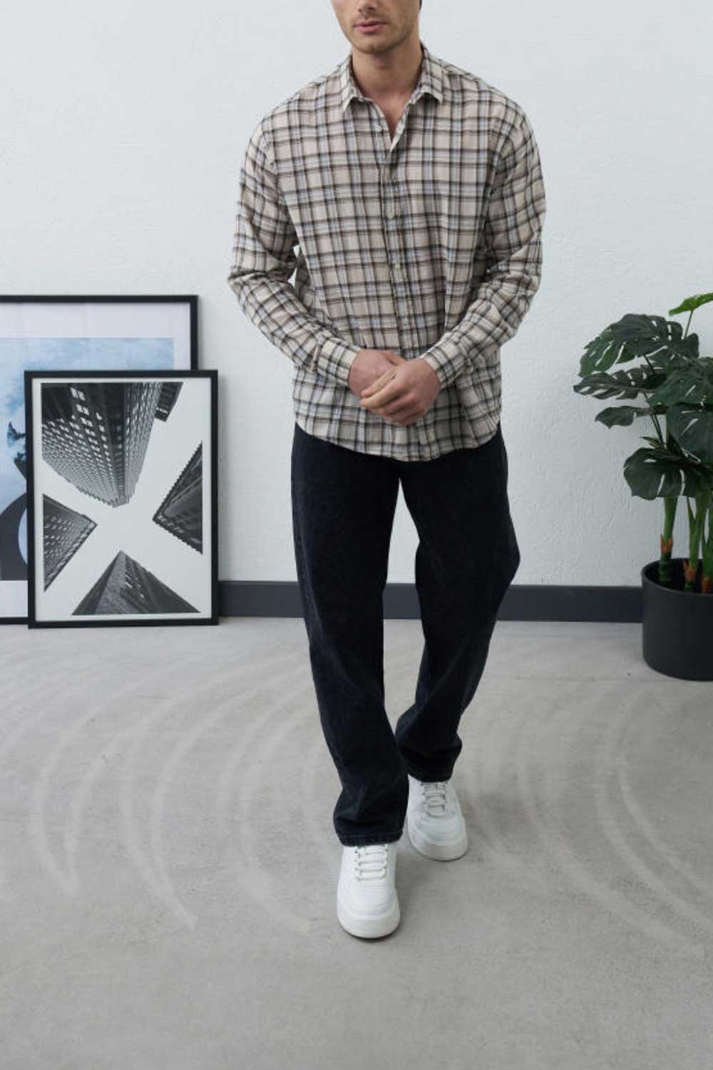Βαμβακερό Καρό Πουκάμισο – Εκρού
