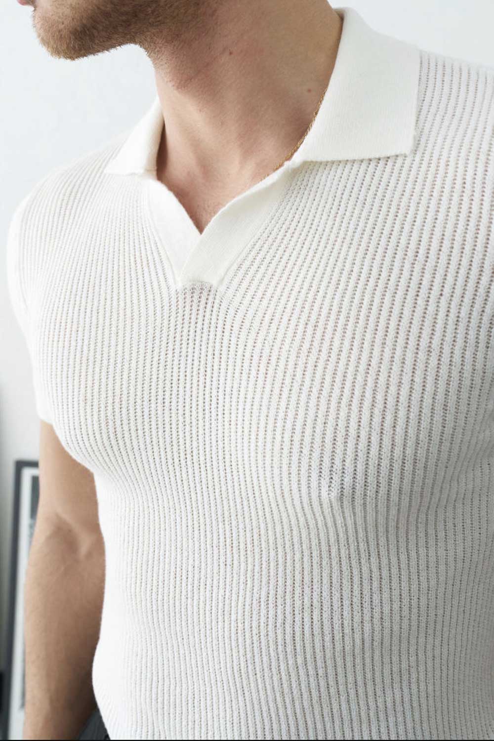 Πλεκτό Μπλουζάκι Polo Ribbed με Ανοιχτό Γιακά – Εκρού