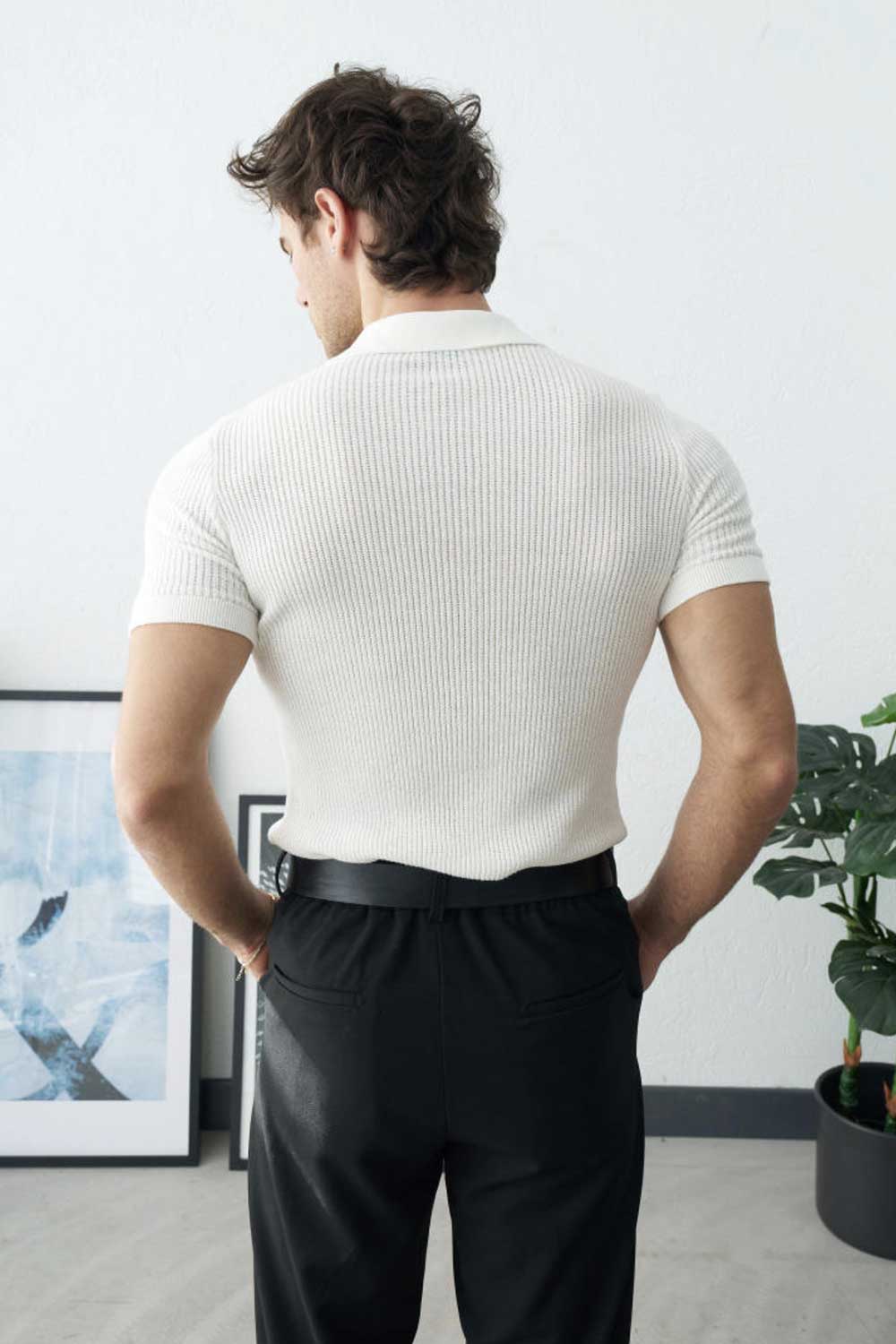 Πλεκτό Μπλουζάκι Polo Ribbed με Ανοιχτό Γιακά – Εκρού