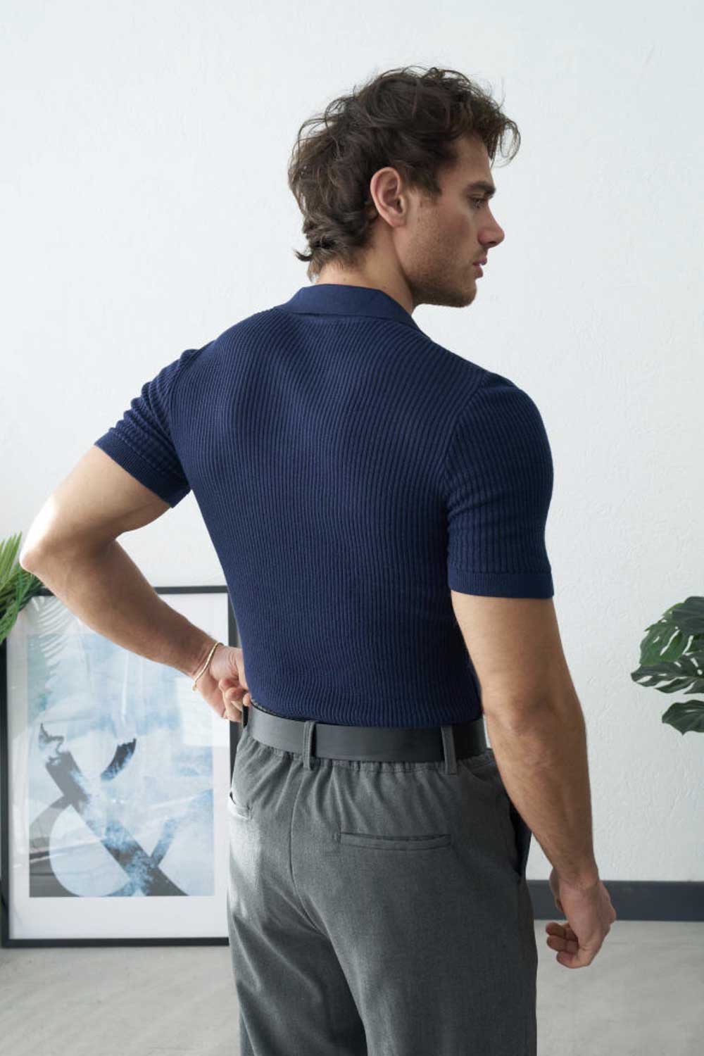 Πλεκτό Μπλουζάκι Polo Ribbed με Ανοιχτό Γιακά – Μπλε