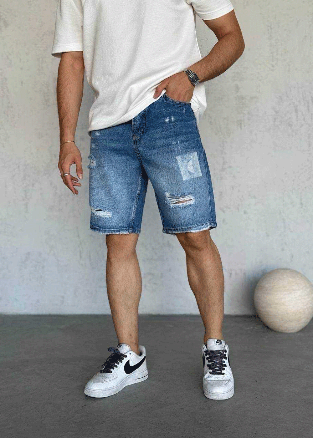 Denim Βερμούδα Relax Με Σκισίματα  Washed Graphic  - Μπλε – 3