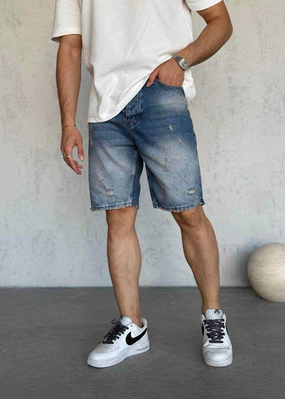 Denim Βερμούδα Relax Με Μικρά Σκισίματα Acid Wash - Μπλε – 3