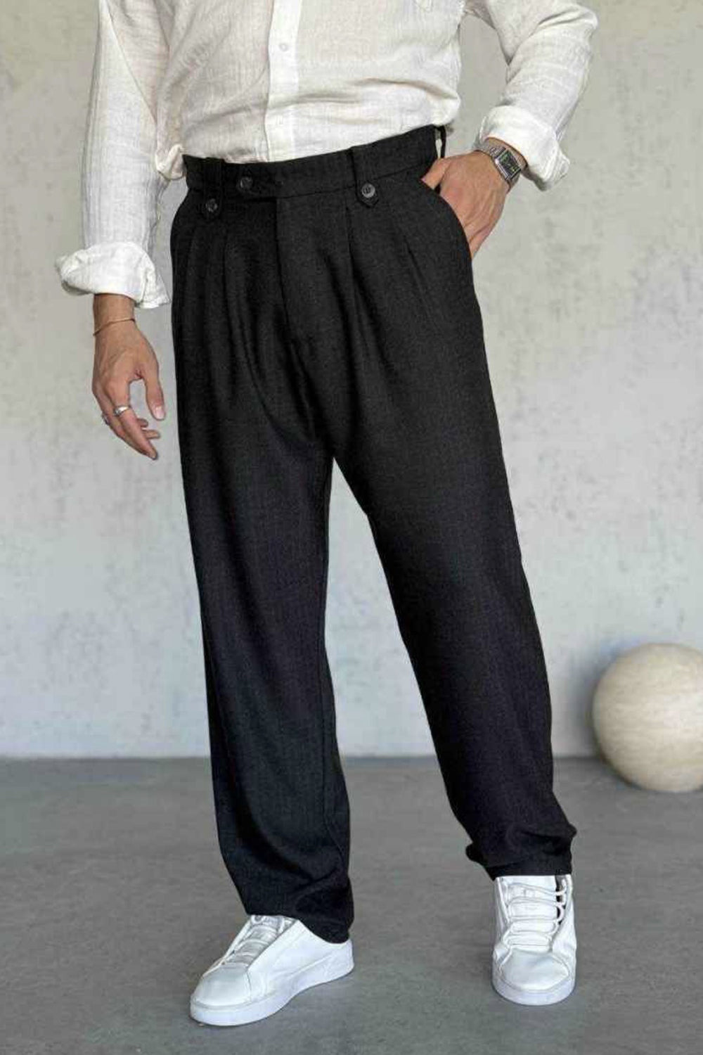 Baggy Υφασμάτινο Παντελόνι Tailored με Πιέτες – Ανθρακί