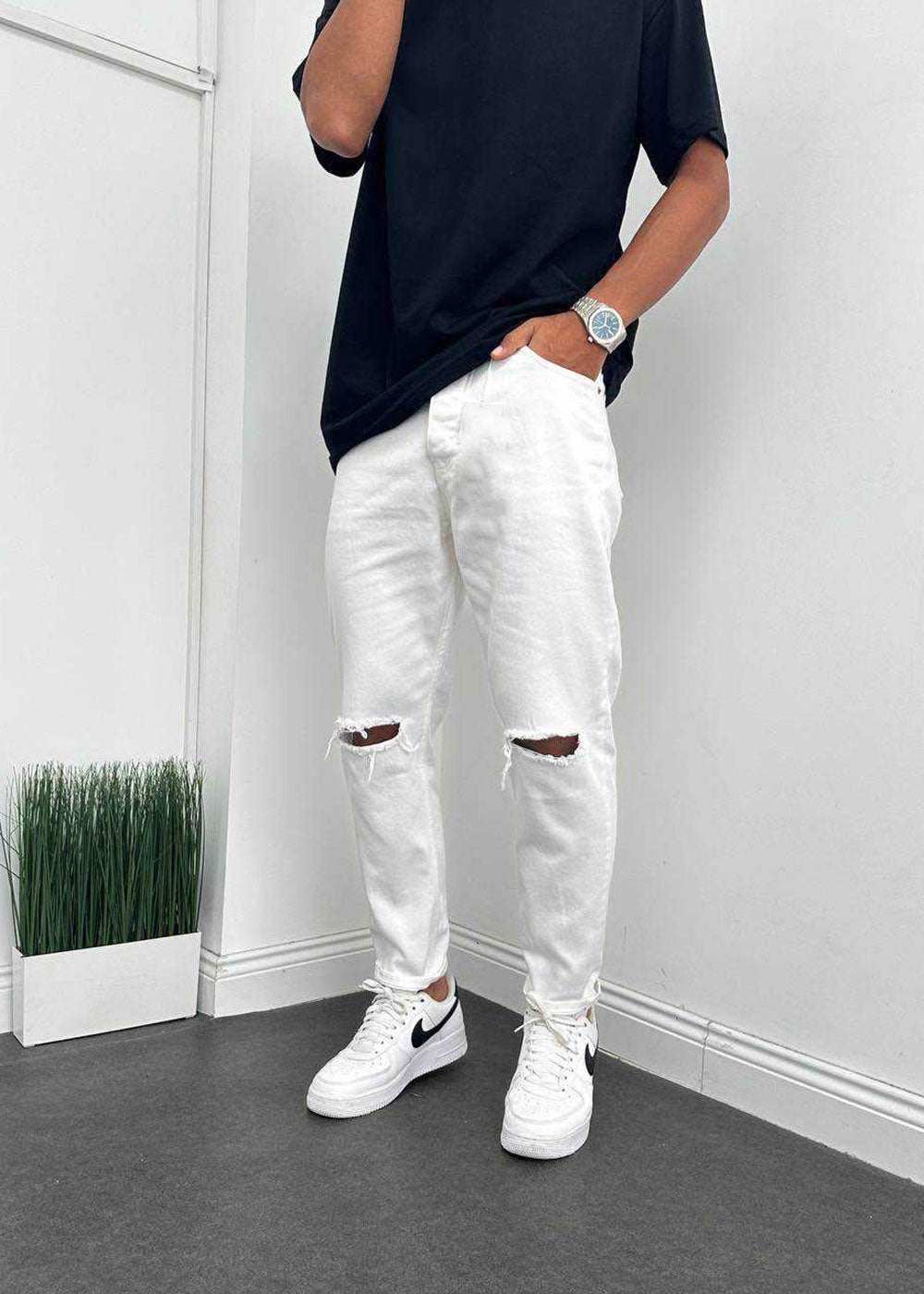 Παντελόνι Loose Fit Jean Με Σκίσιμο Στα Γόνατα  - Λευκό