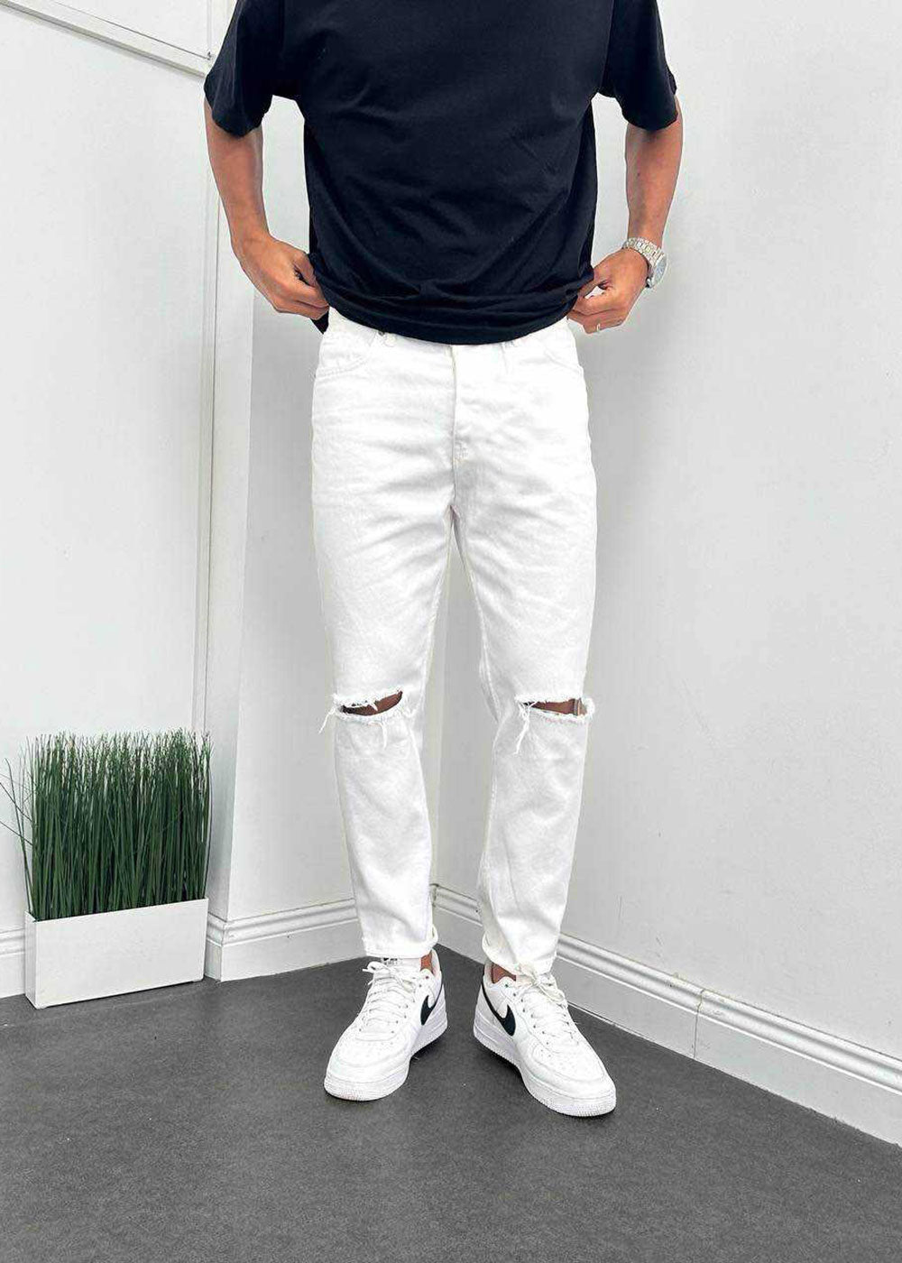 Παντελόνι Loose Fit Jean Με Σκίσιμο Στα Γόνατα  - Λευκό – 3