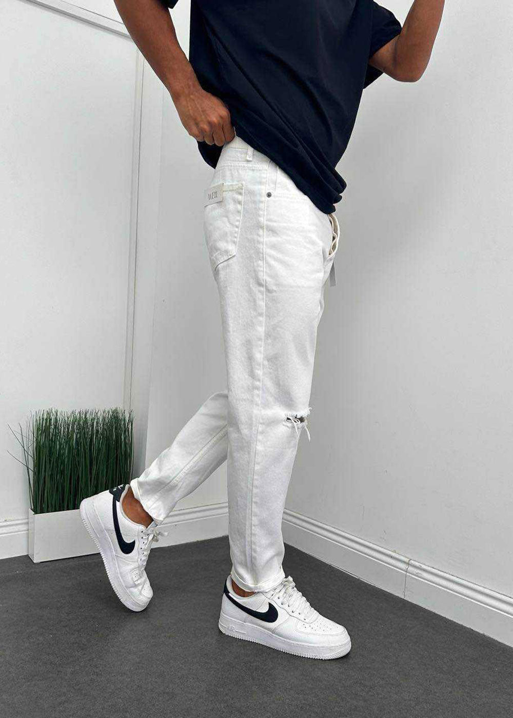 Παντελόνι Loose Fit Jean Με Σκίσιμο Στα Γόνατα  - Λευκό – 2