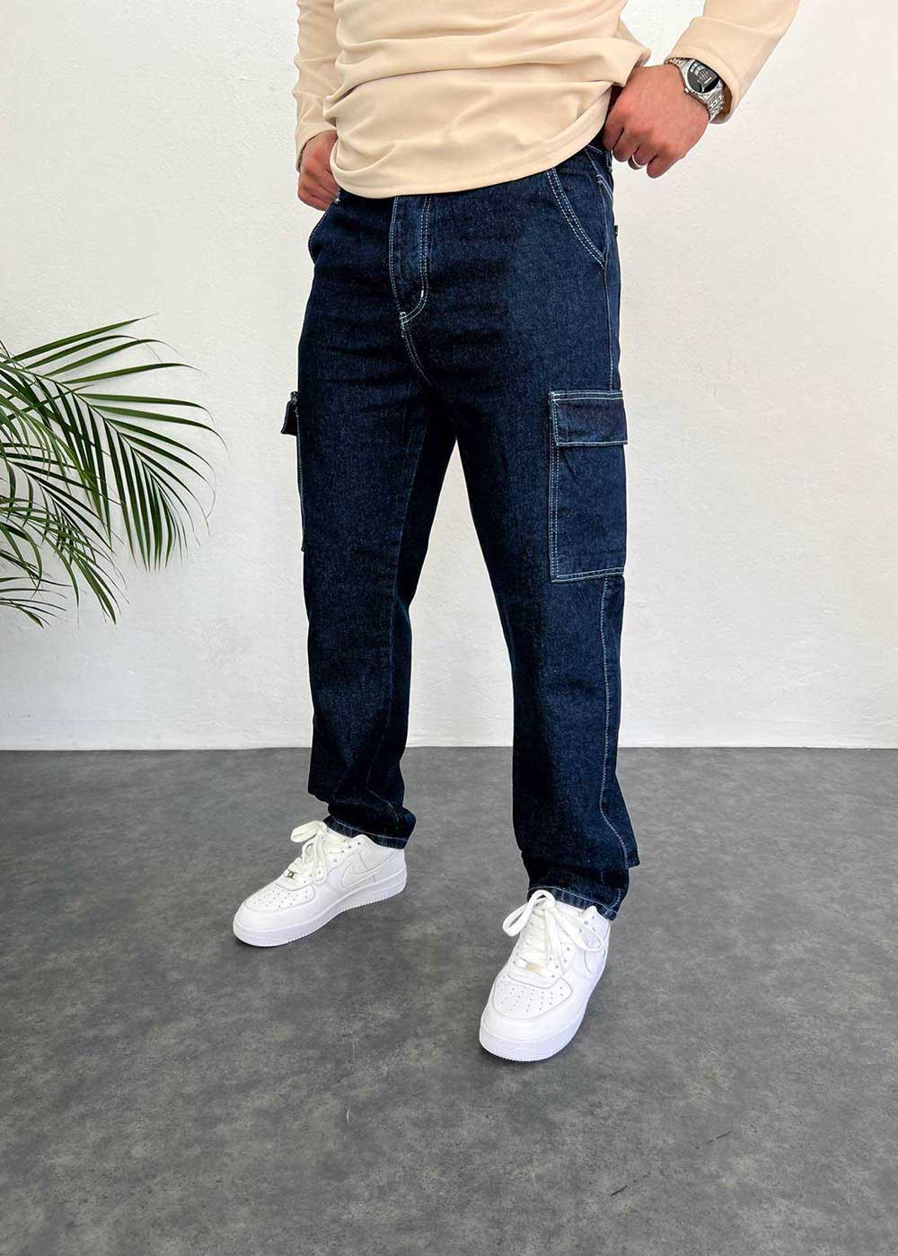 Baggy Jean Παντελόνι Cargo Με Ραφές – Σκούρο Μπλε