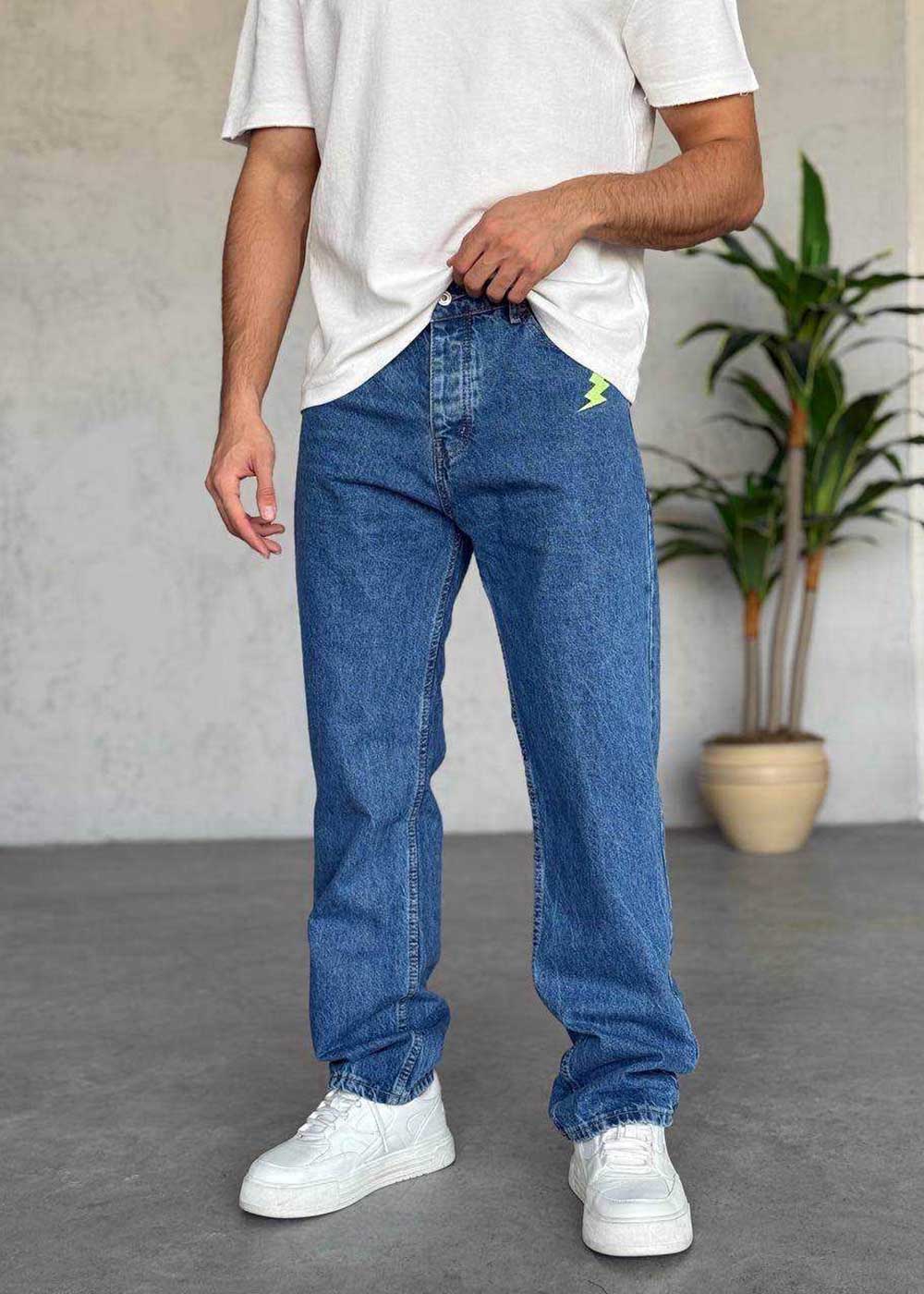 Παντελόνι Denim Lightning Bolt Με Κέντημα – Μπλε
