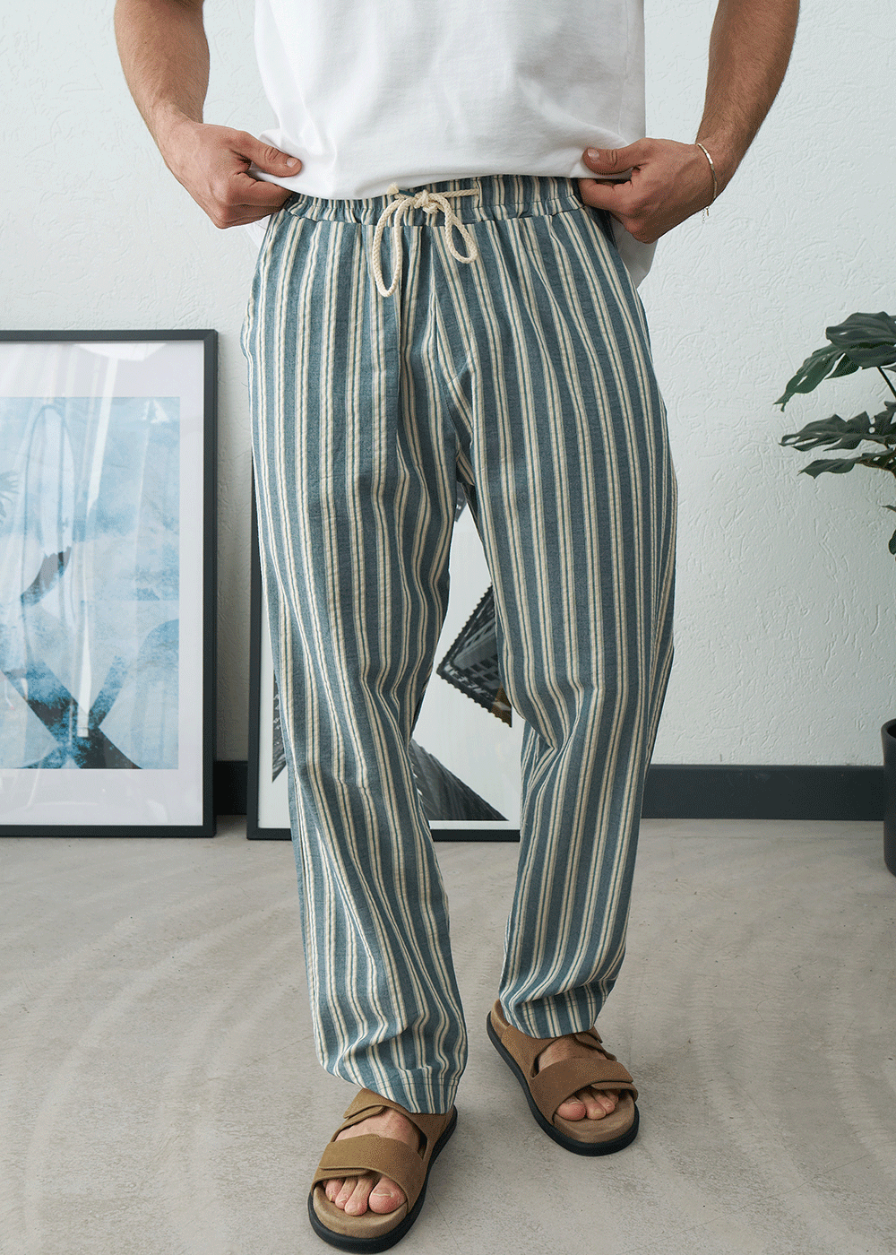 Παντελόνι Regular Baggy Seersucker Stripe Drawstring – Γαλάζιο