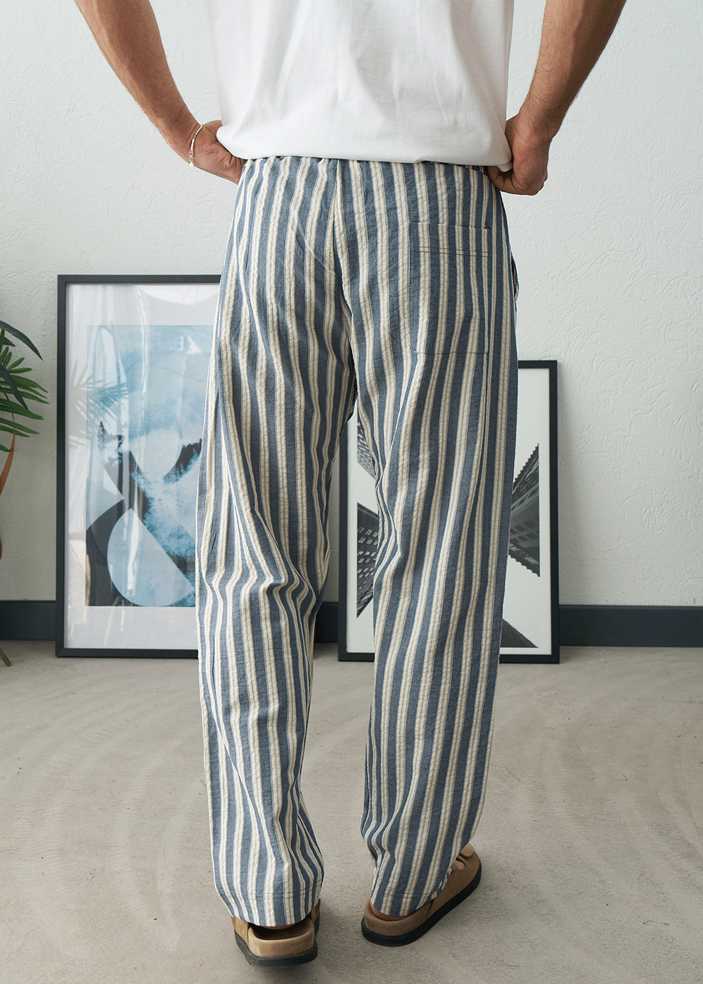 Παντελόνι Regular Baggy Seersucker Stripe Drawstring – Μπλε – 3