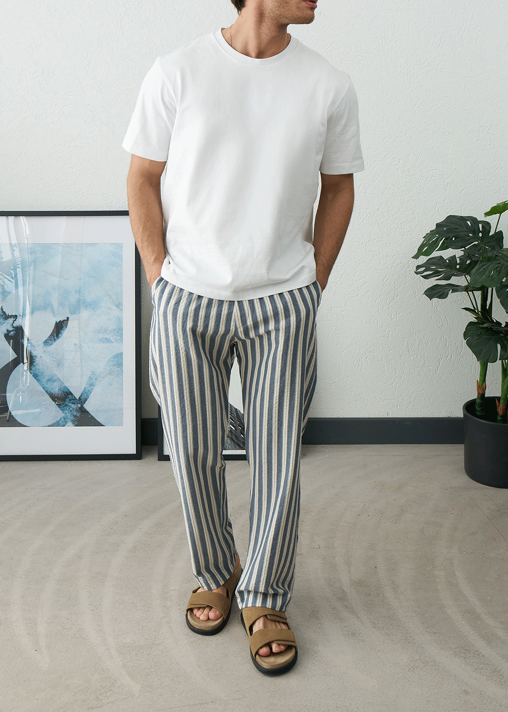 Παντελόνι Regular Baggy Seersucker Stripe Drawstring – Μπλε – 4