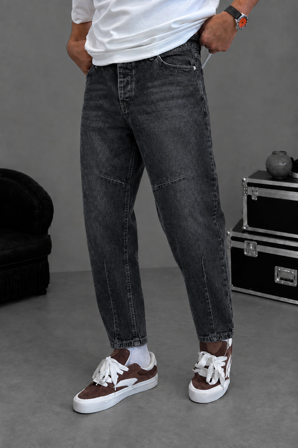 Τζιν Παντελόνι Loose Fit με Acid Wash & Ραφές – Γκρι