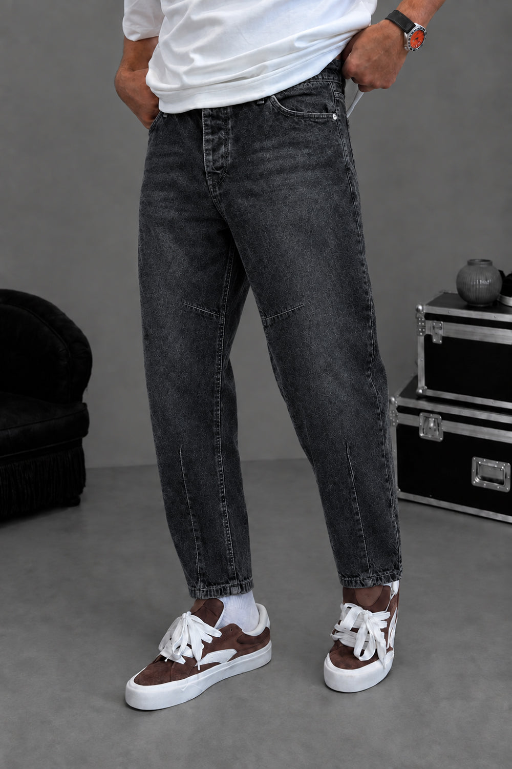 Τζιν Παντελόνι Loose Fit με Acid Wash & Ραφές – Γκρι