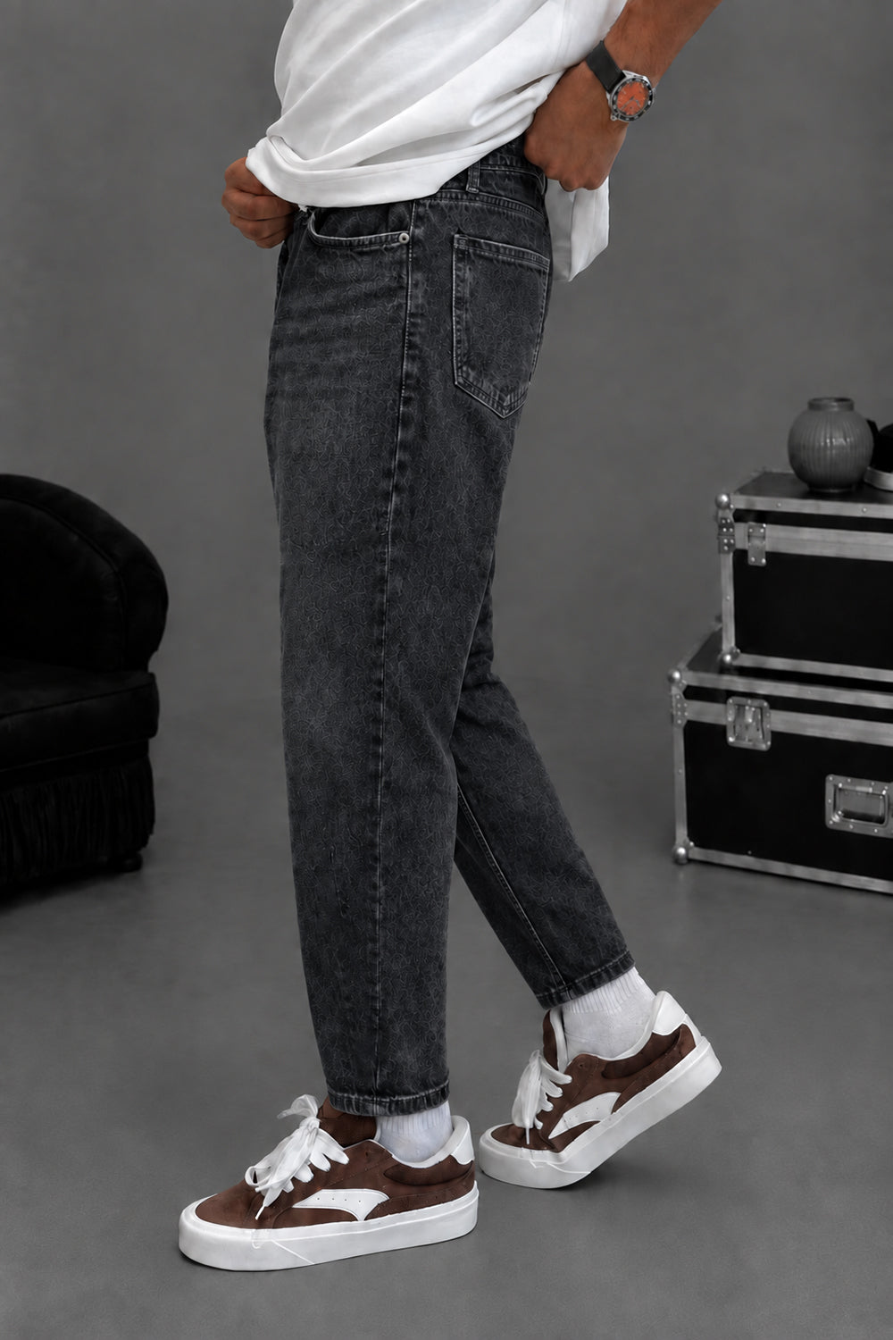 Τζιν Παντελόνι Loose Fit με Acid Wash & Ραφές – Γκρι