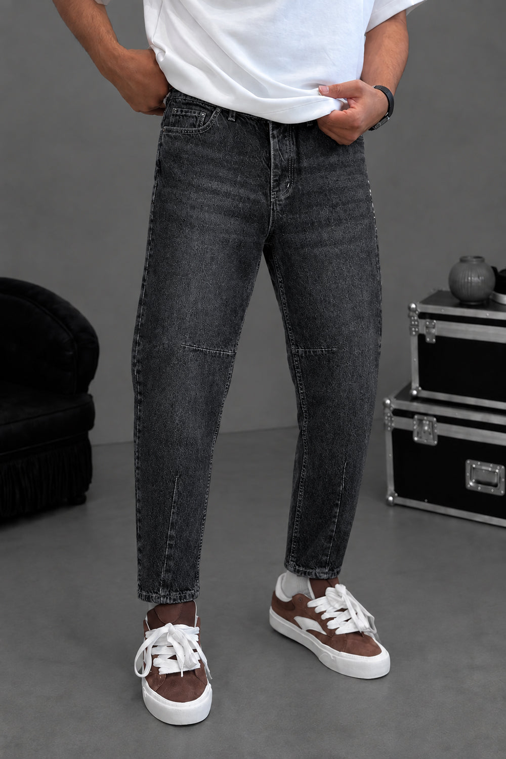 Τζιν Παντελόνι Loose Fit με Acid Wash & Ραφές – Γκρι